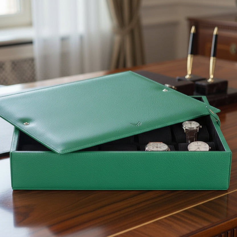 İçi siyah renkli gerçek oğlak süet kaplı dışı yeşil renkli dana derisi 12'li saat kutusu