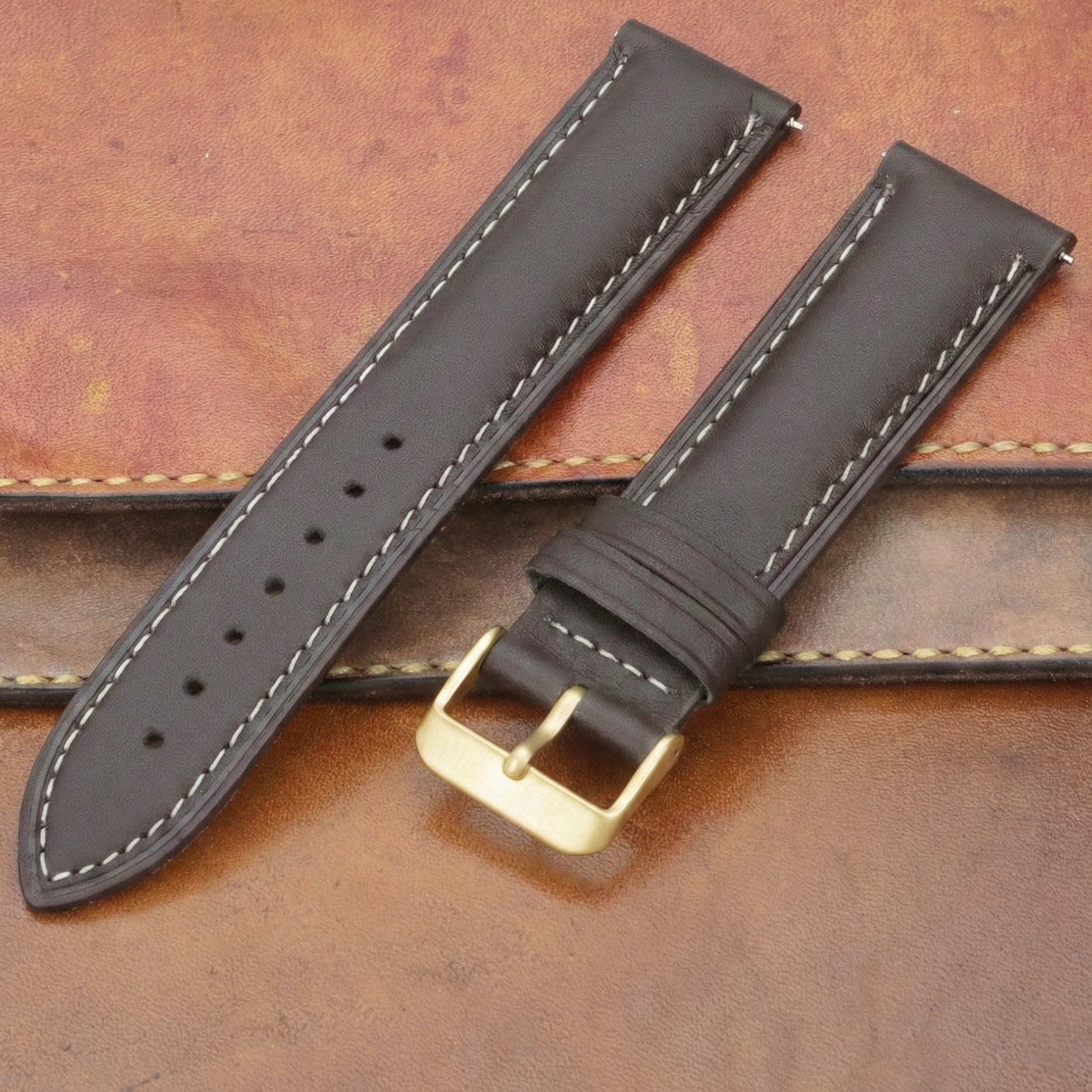 Gold Tokalı Alaturka Kahverengi Beyaz Dikiş Deri Kordon