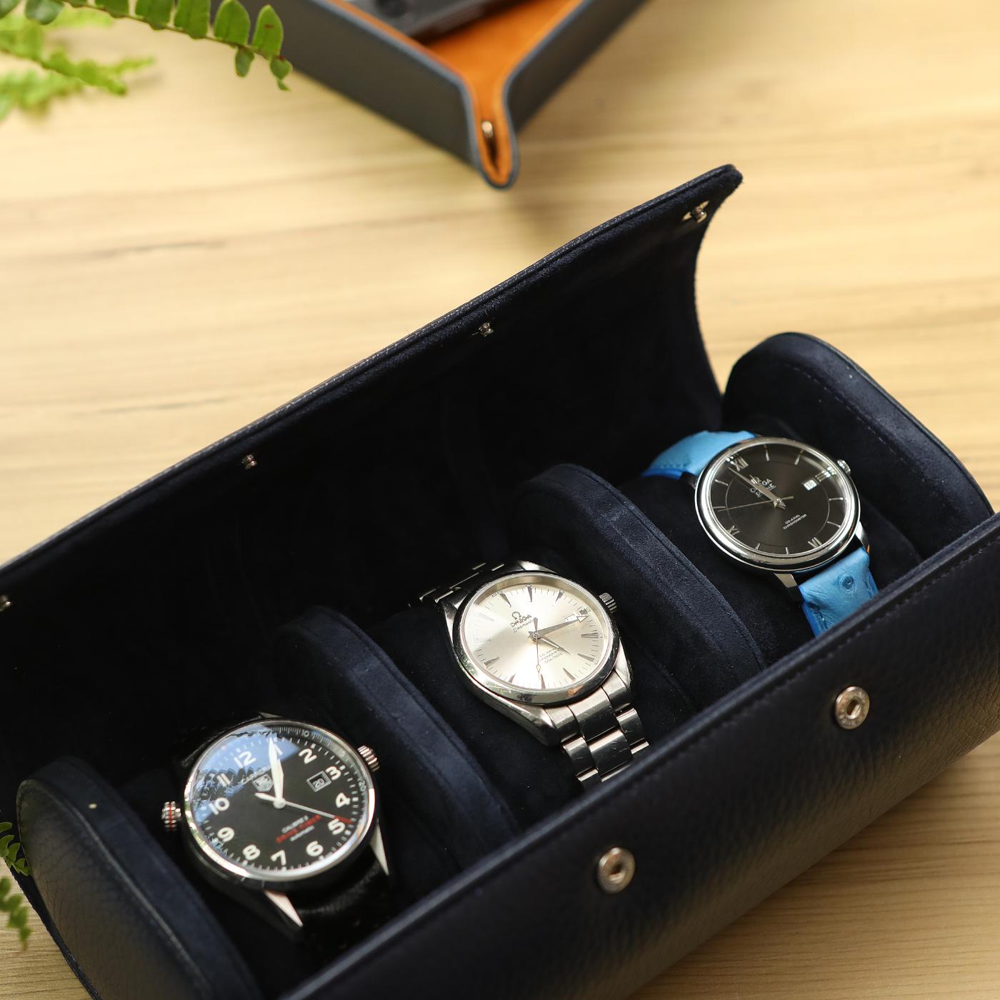 Dışı lacivert renkli dana derisi içi oğlak süet 3'lü saat kutusu