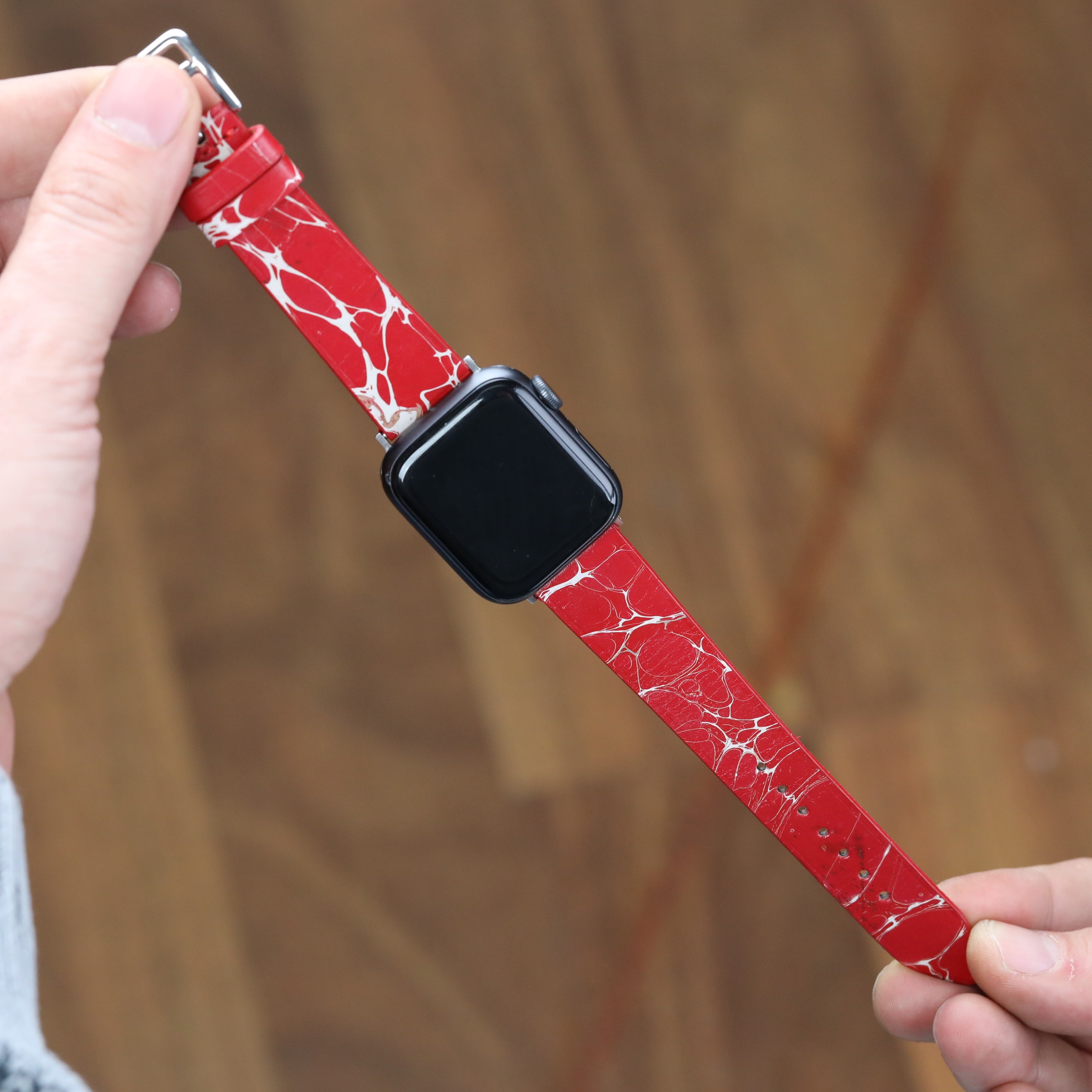 Apple Watch Deri Kordon - Ebru Boyama Bordo
