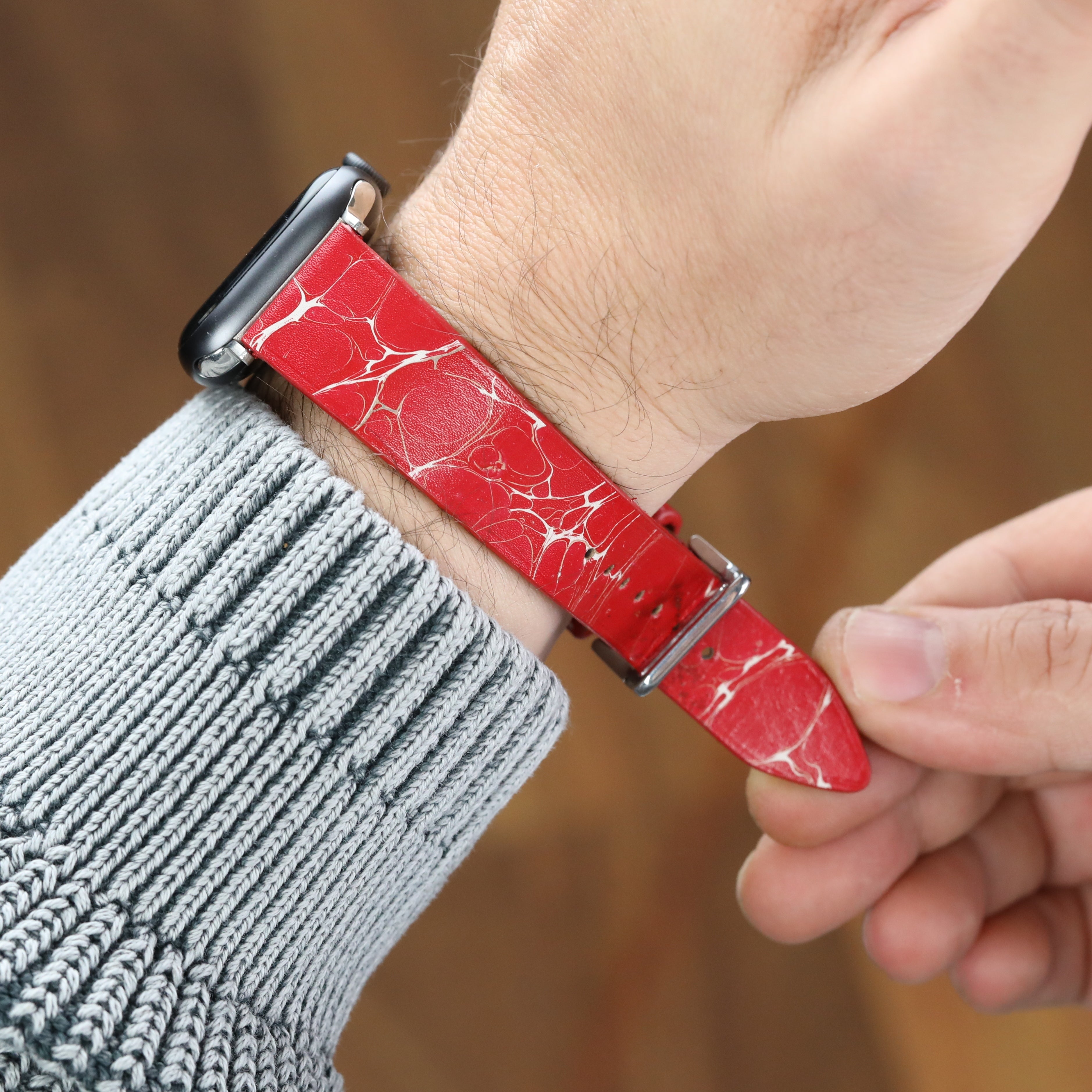 Apple Watch Deri Kordon - Ebru Boyama Bordo