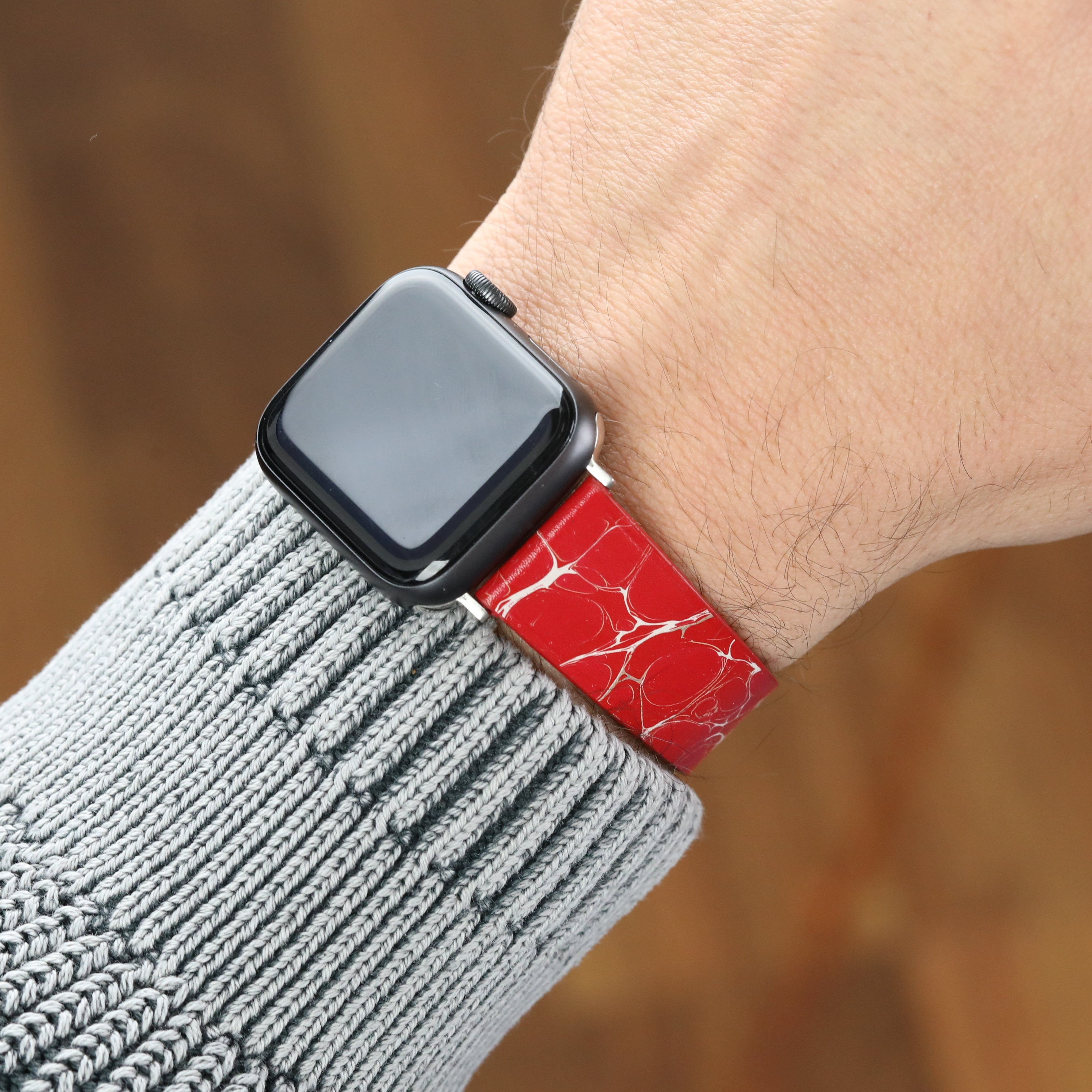 Apple Watch Deri Kordon - Ebru Boyama Bordo