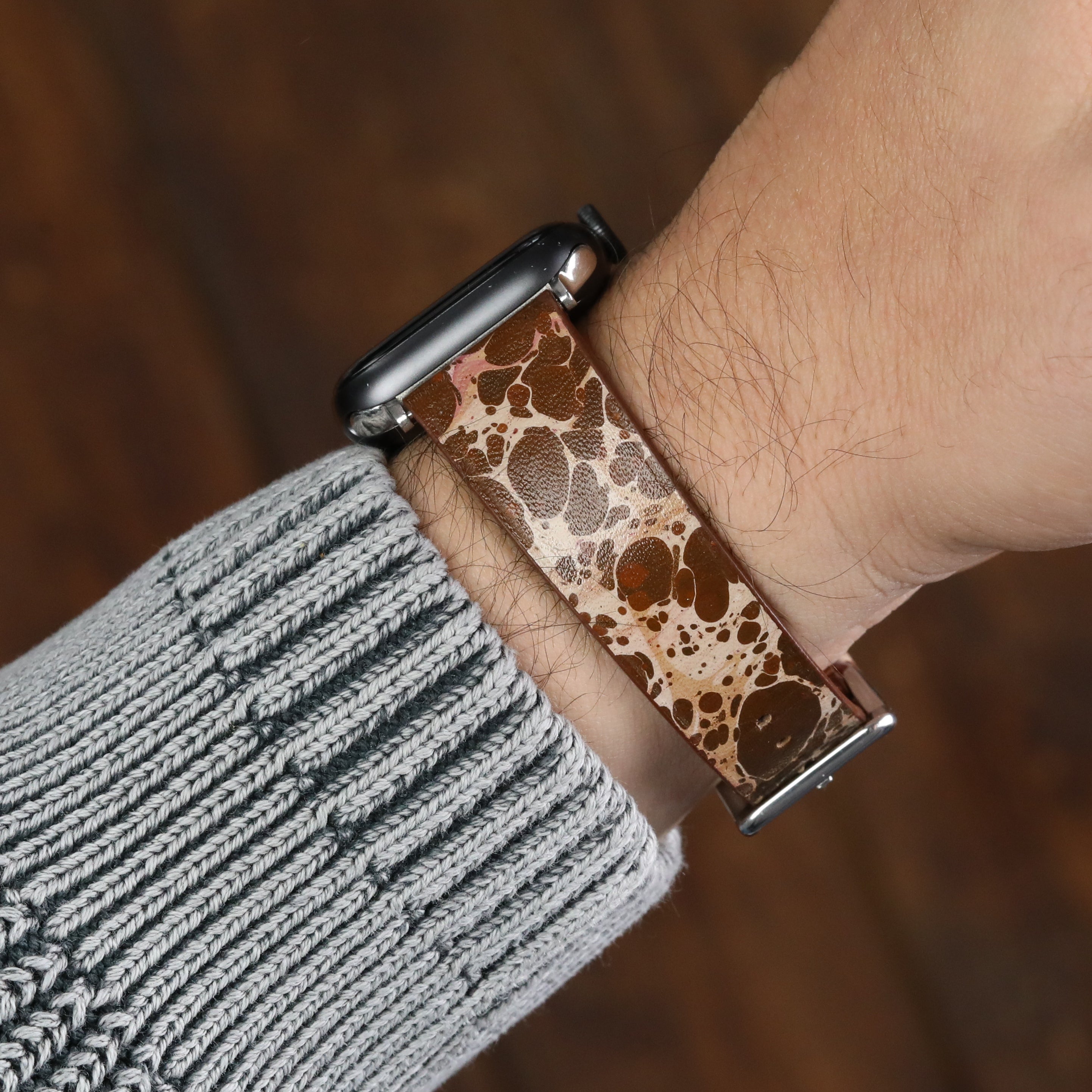 Apple Watch Deri Kordon - Ebru Boyama Kahverengi