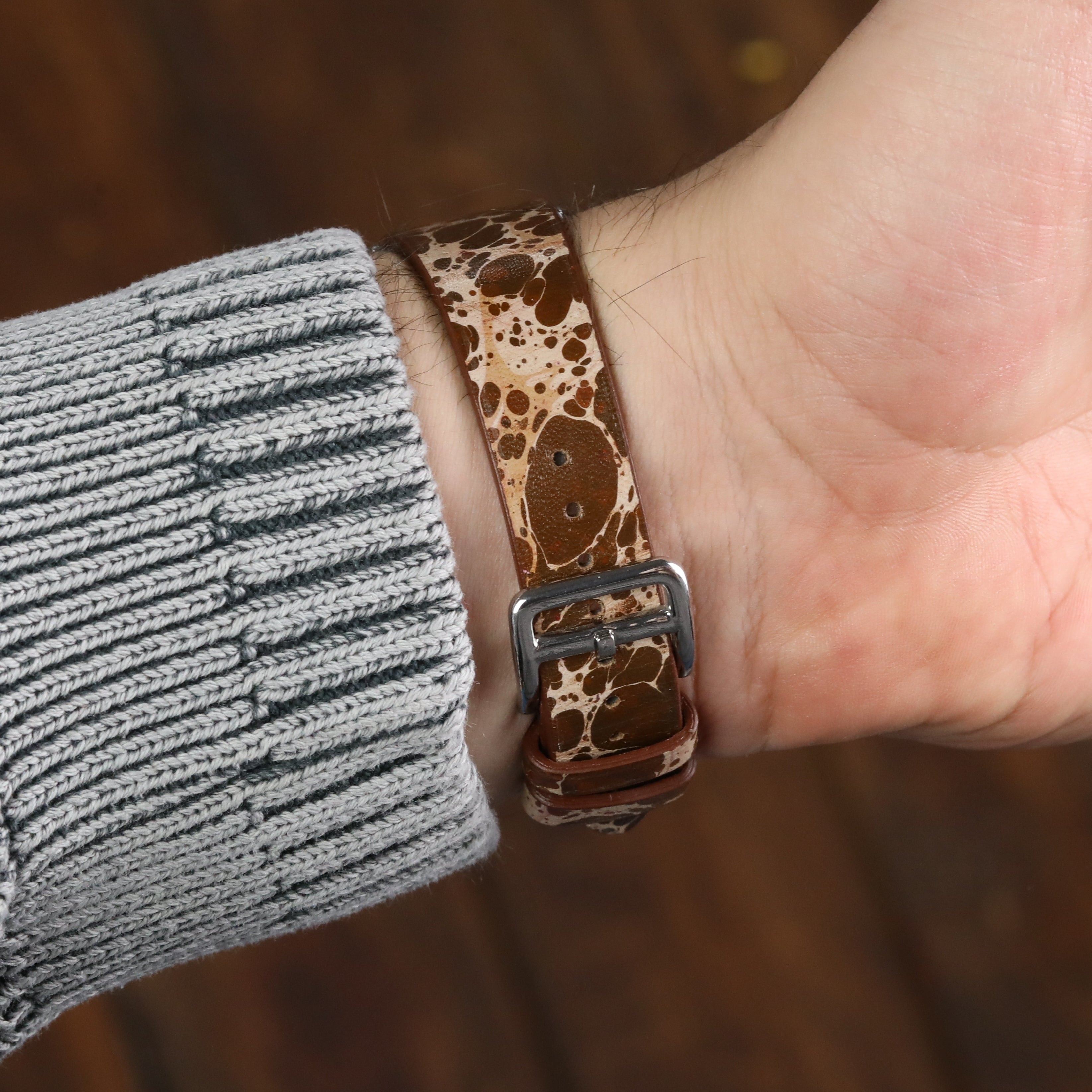 Apple Watch Deri Kordon - Ebru Boyama Kahverengi