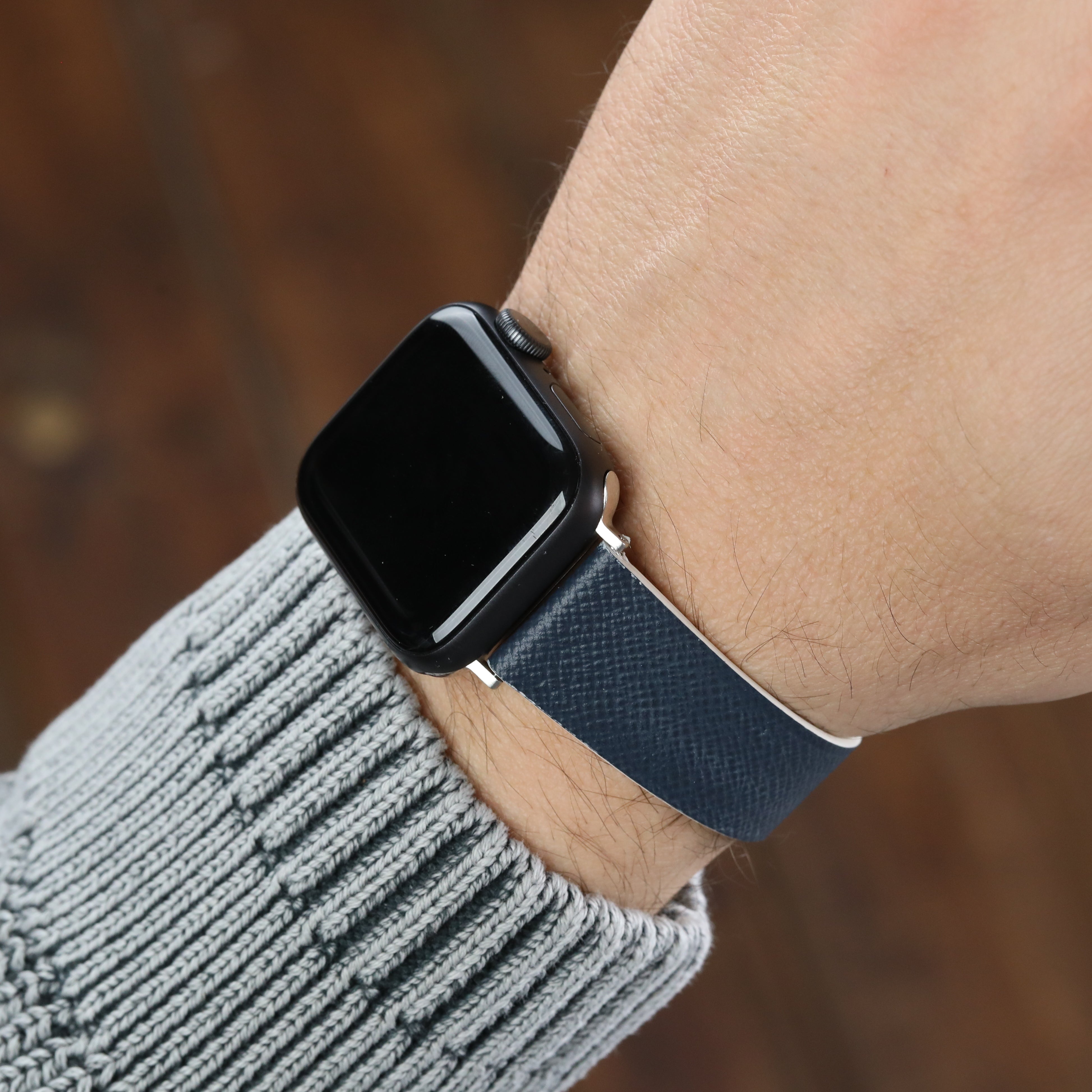 Apple Watch Deri Kayış- Saffiano Lacivert Beyaz