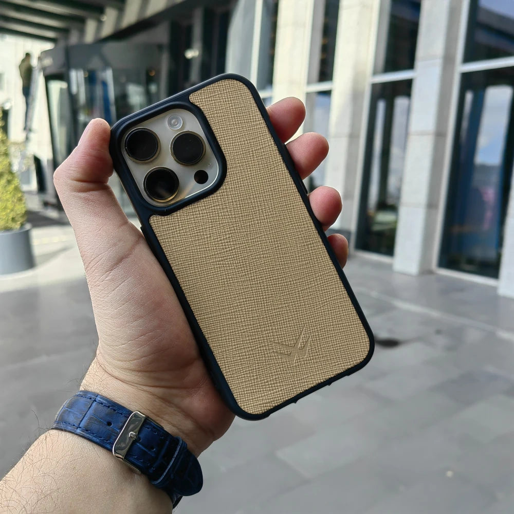 Saffiano Bej İPhone Deri Kılıf - ONYWATCH