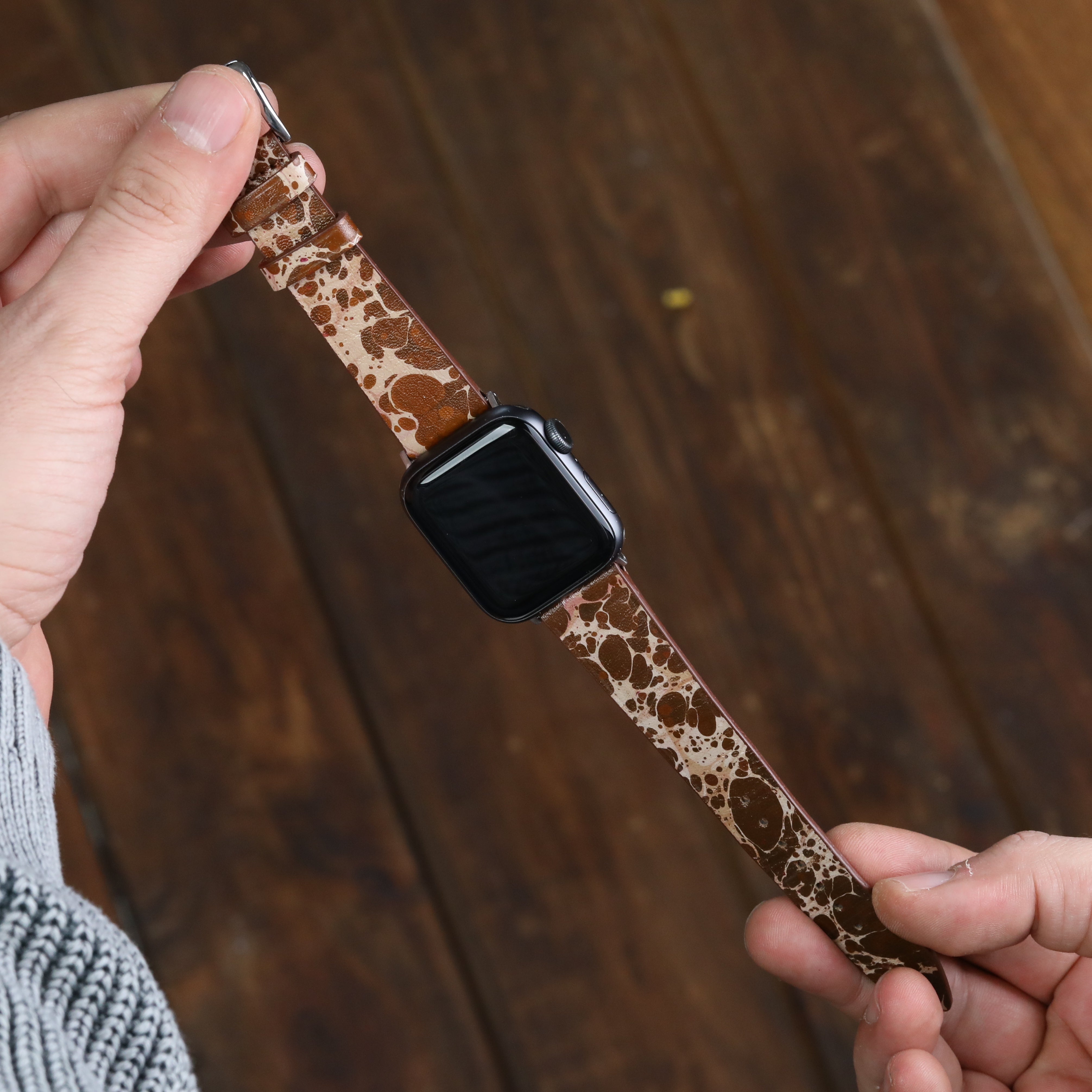 Apple Watch Deri Kordon - Ebru Boyama Kahverengi