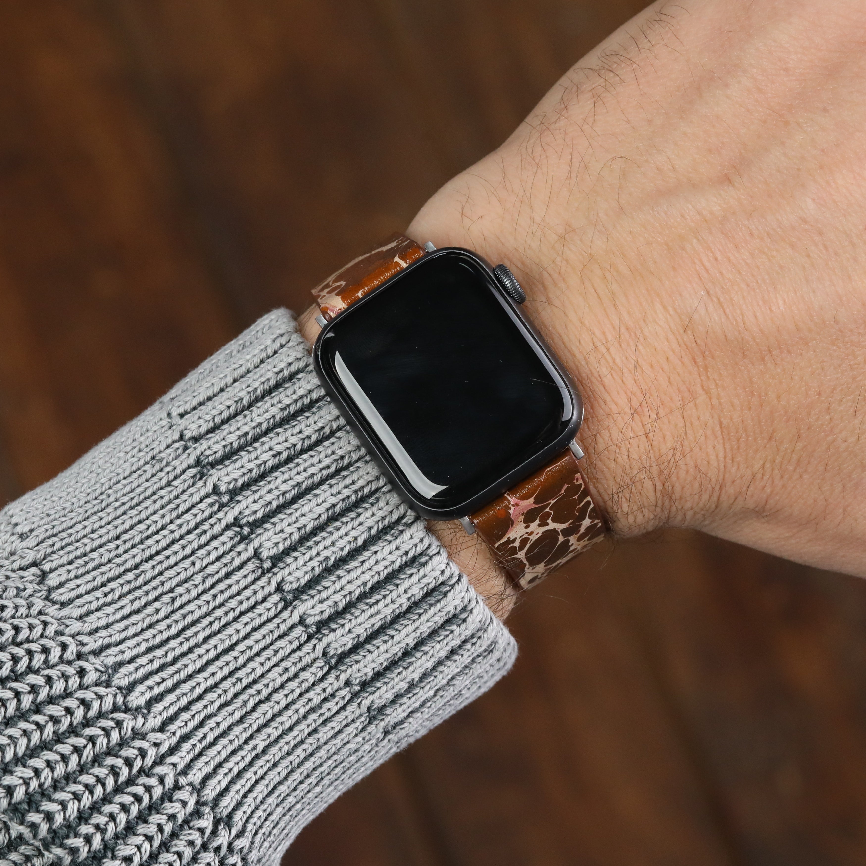 Apple Watch Deri Kordon - Ebru Boyama Kahverengi