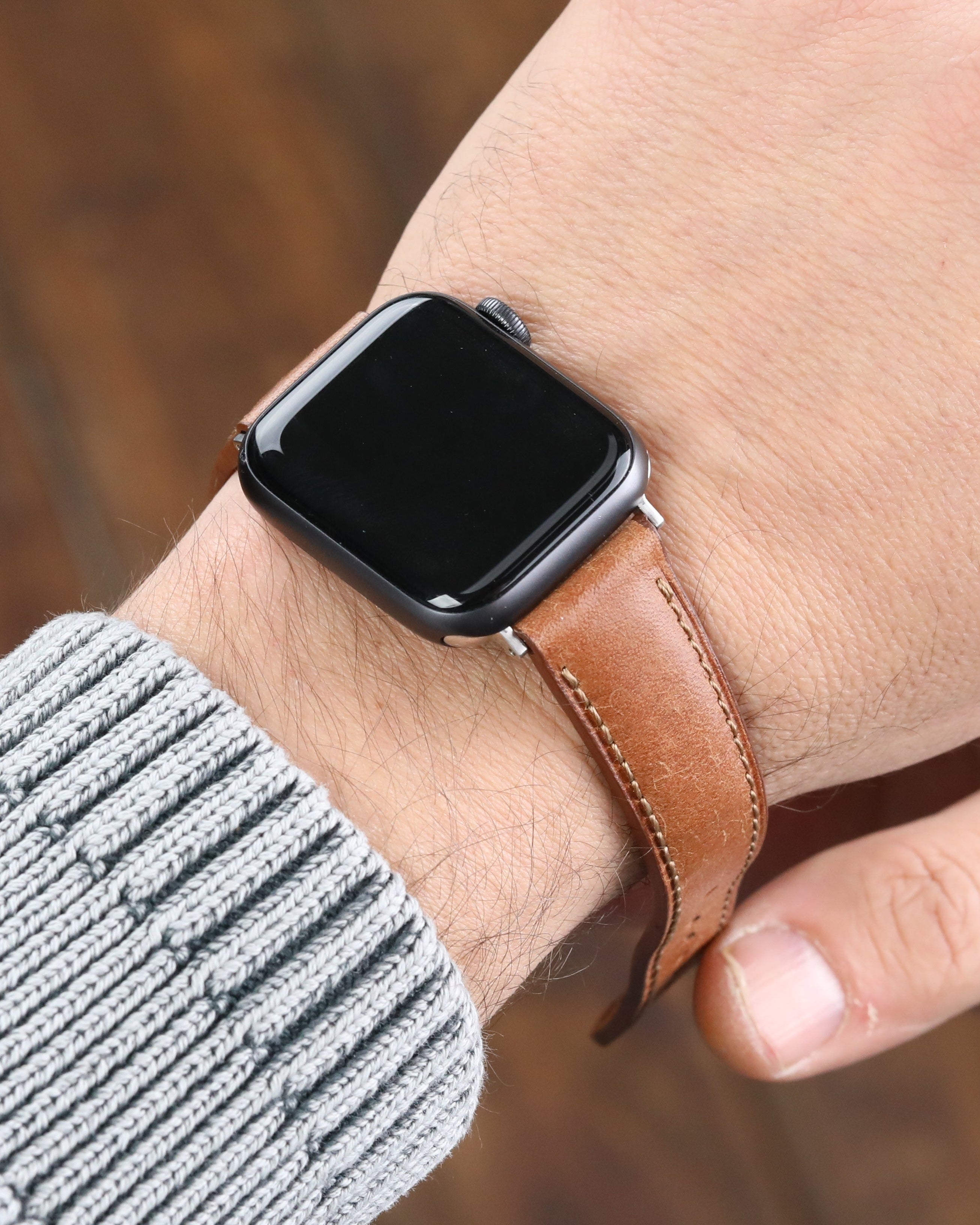 Kahverengi renkli gerçek deri el yapımı antialerjik arka derili apple watch ile uyumlu deri kordon