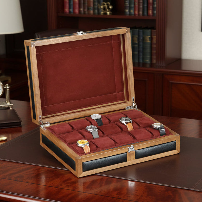 İçi bordo renkli gerçek oğlak süet kaplı dışı siyah renkli 15'li ahşap saat kutusu
