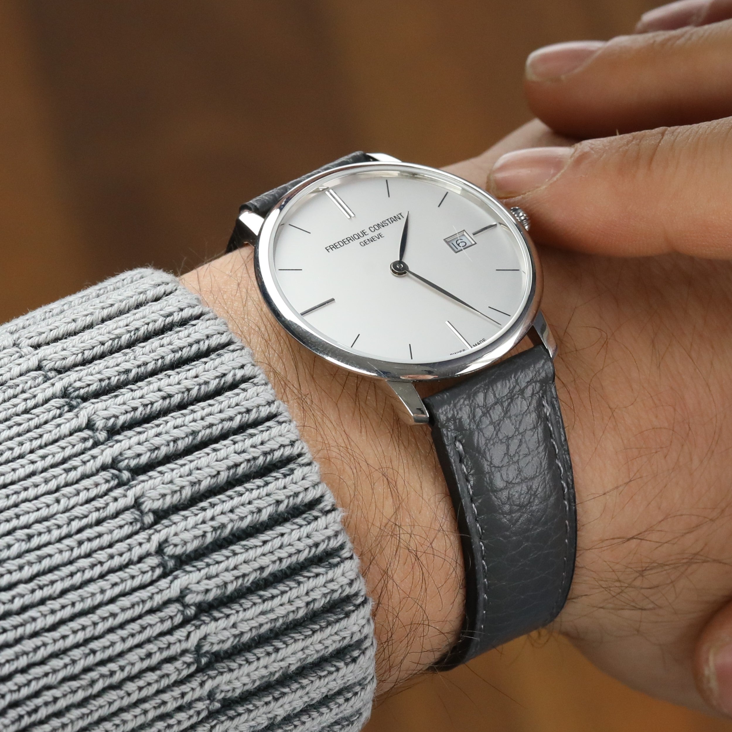 El yapımı antrasit renkli akıllı pimli dikişli deri saat kordonu