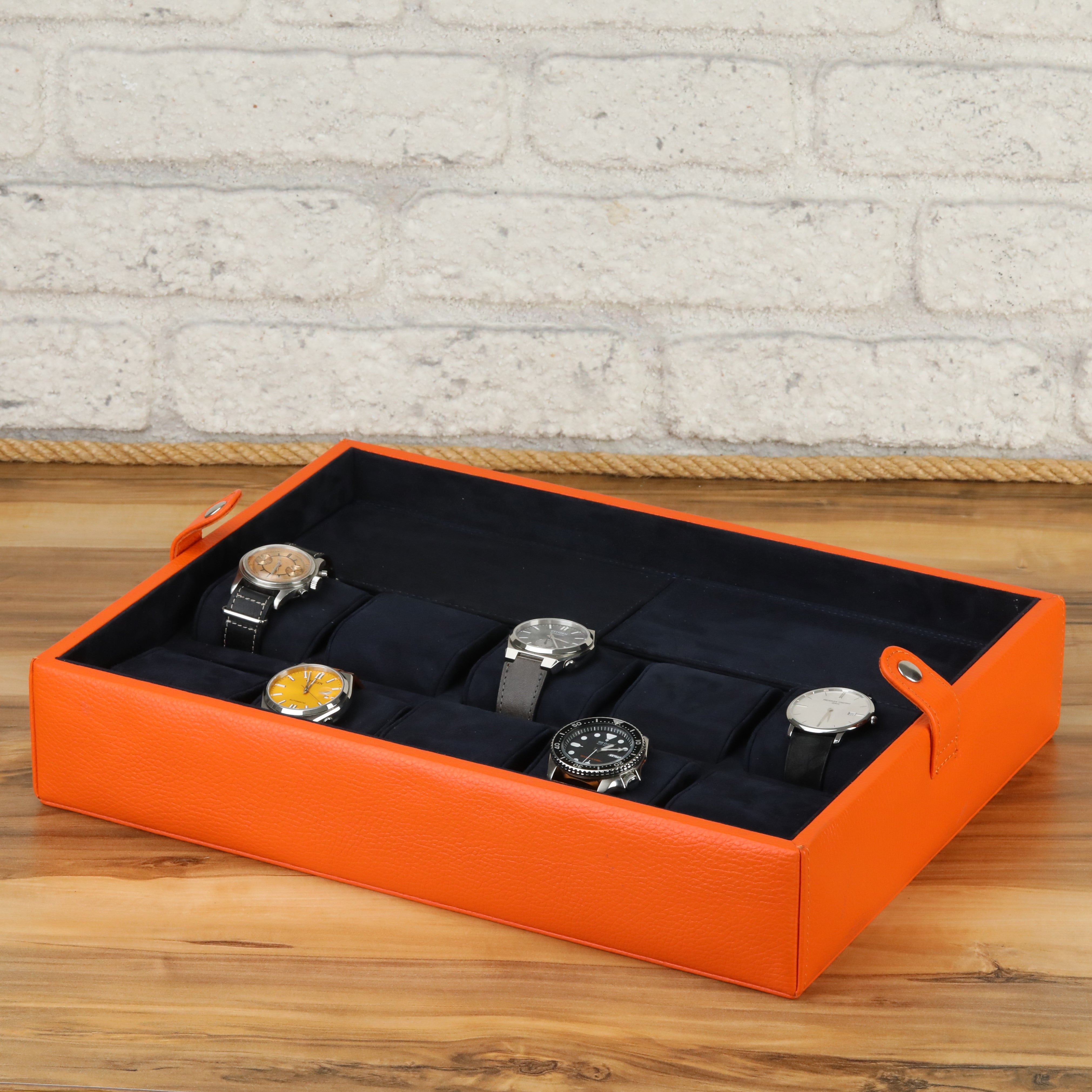 İçi lacivert renkli gerçek oğlak süet kaplı dışı turuncu renkli deri saat kutusu