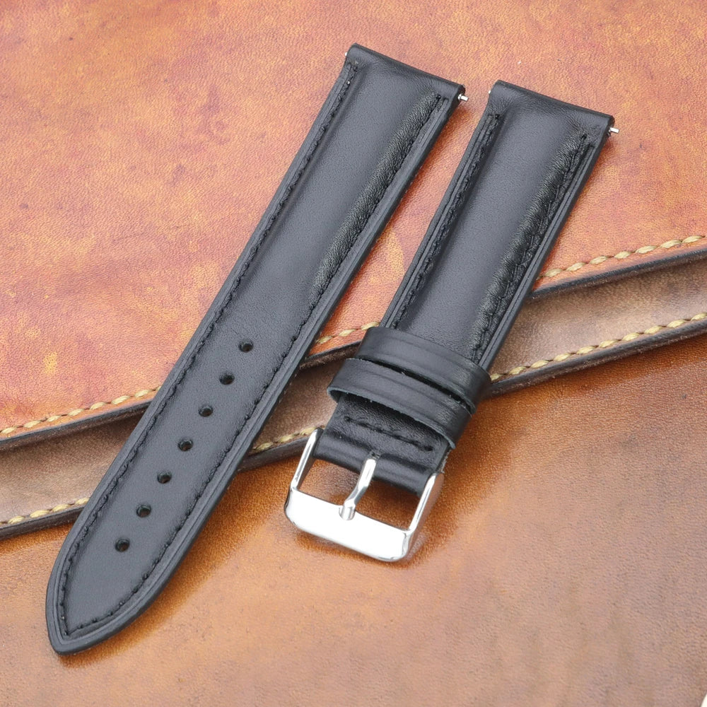 El yapımı siyah renkli akıllı pimli dikişli deri saat kayışı