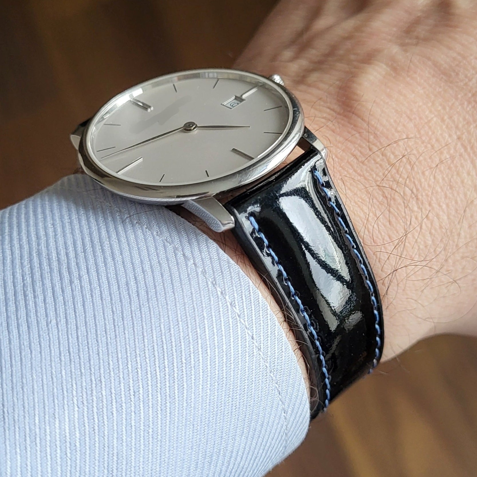 Rugan el yapımı siyah renk mavi dikişli deri saat kordonu