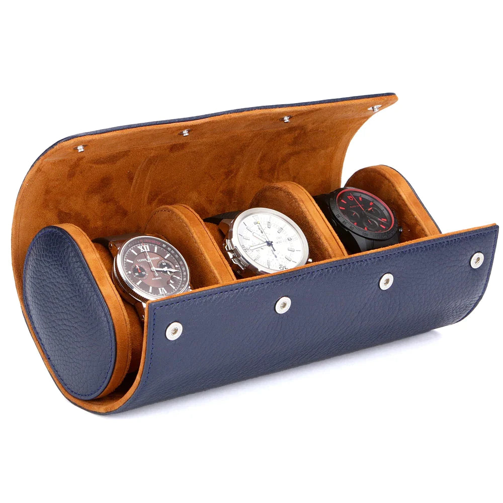 Dışı lacivert renkli dana derisi içi oğlak süet deri saat kutusu