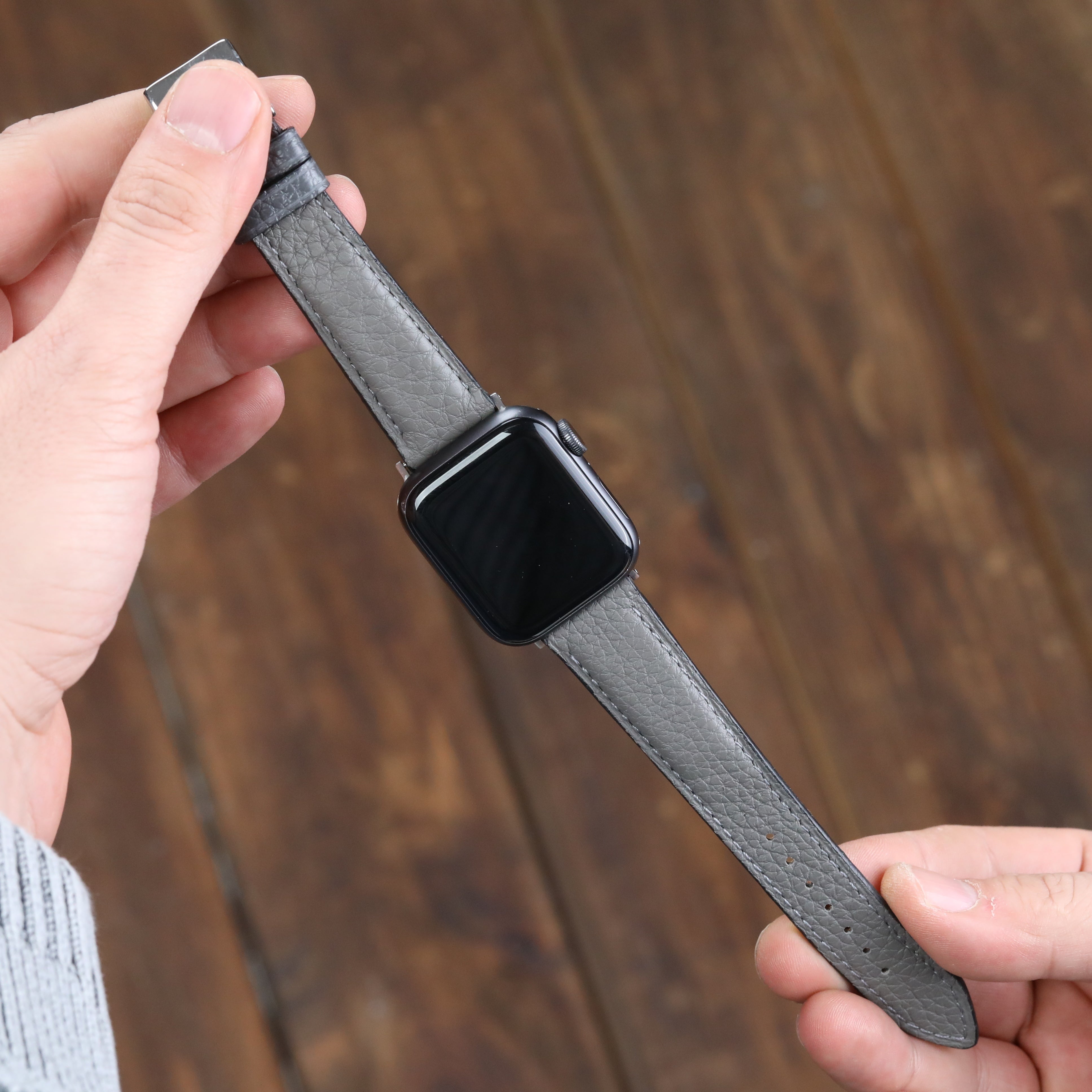 Gerçek deri el yapımı antialerjik arka derili gri renk apple watch ile uyumlu deri kordon