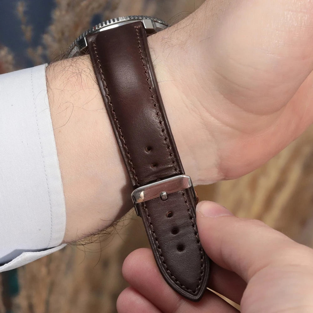 El yapımı kahverengi renkli akıllı pimli dikişli deri saat kordonu