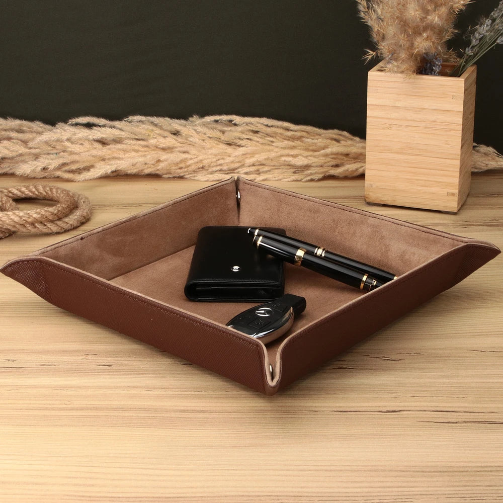 Gerçek deri kahve renk deri tepsi