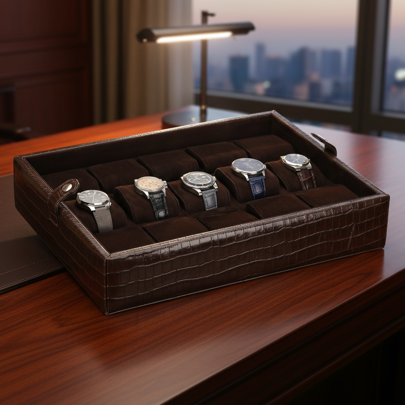 İçi kahverengi renkli gerçek oğlak süet kaplı dışı kahverengi renkli dana derisi 15'li saat kutusu