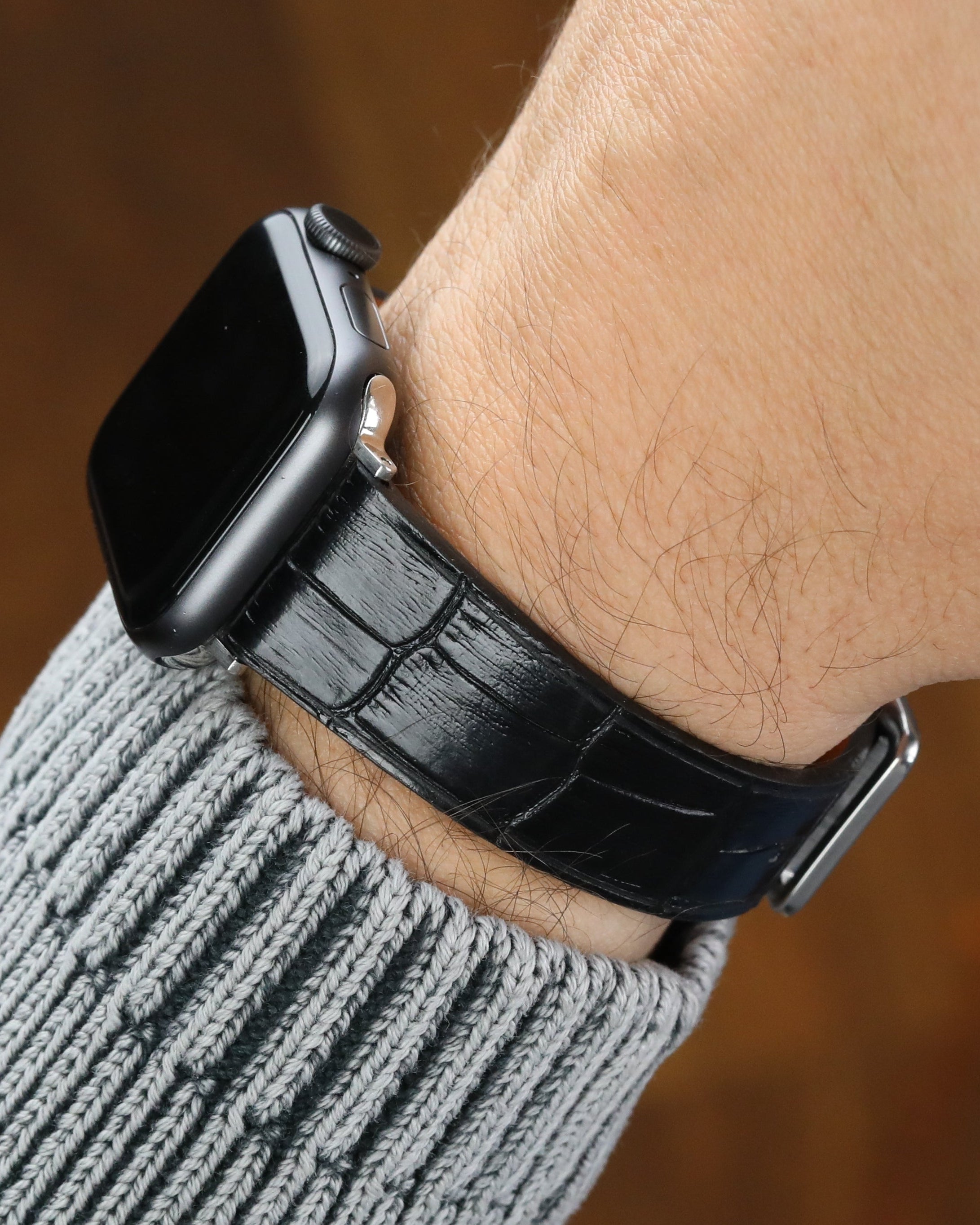 Gerçek dana derisi el yapımı siyah renk baskılı apple watch uyumlu deri kordon