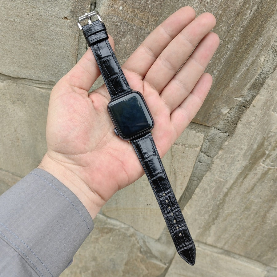 Siyah renkli kroko baskılı gerçek deri el yapımı antialerjik arka derili apple watch ile uyumlu deri kordon