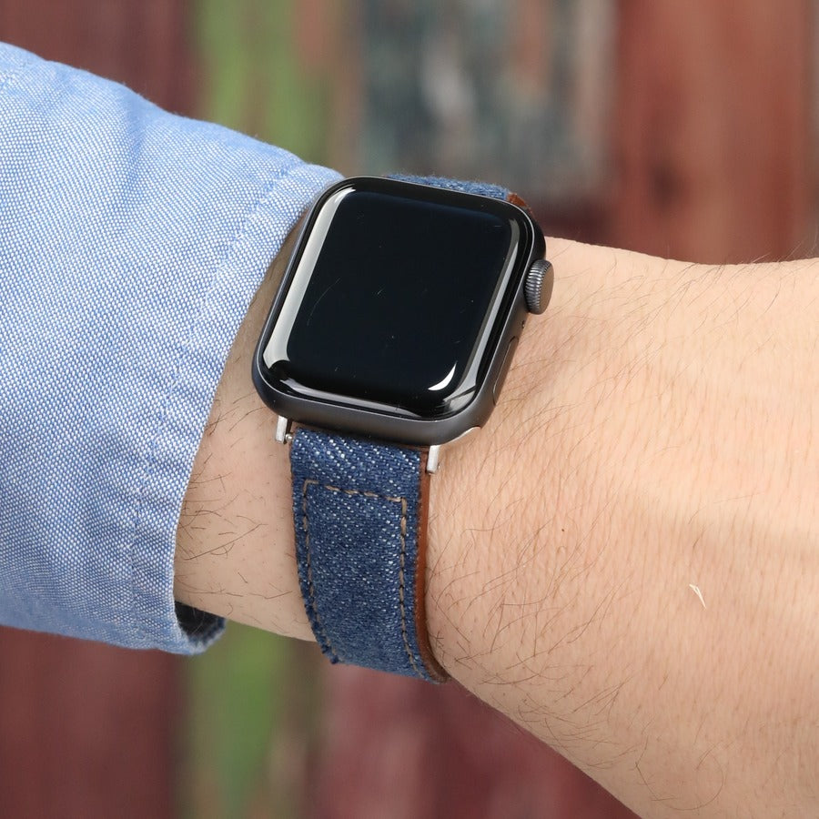 Lacivert renkli kot kumaş el yapımı antialerjik arka derili apple watch ile uyumlu kordon