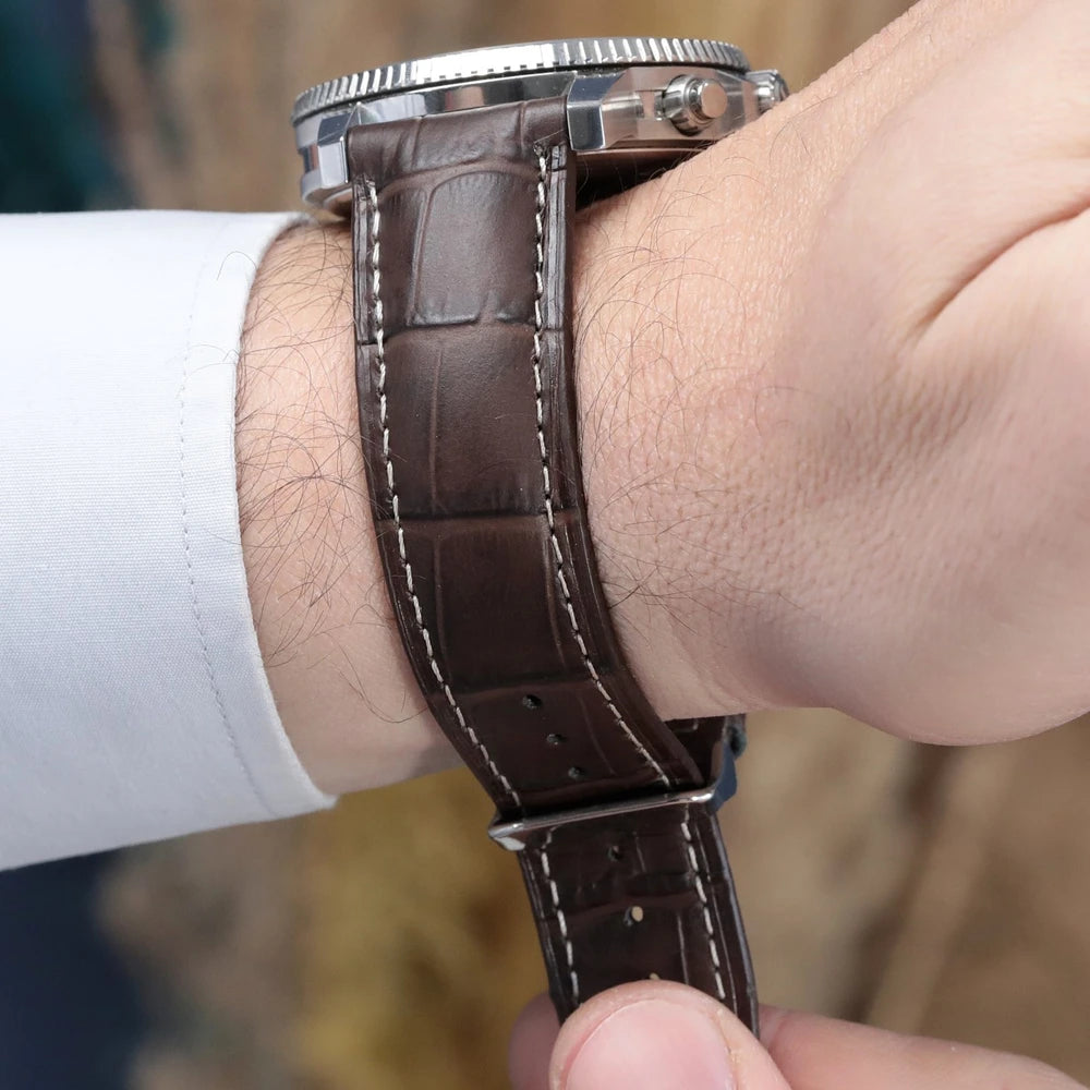Alaturka Kahverengi Kroko Baskılı Beyaz Dikiş Deri Kordon - ONYWATCH