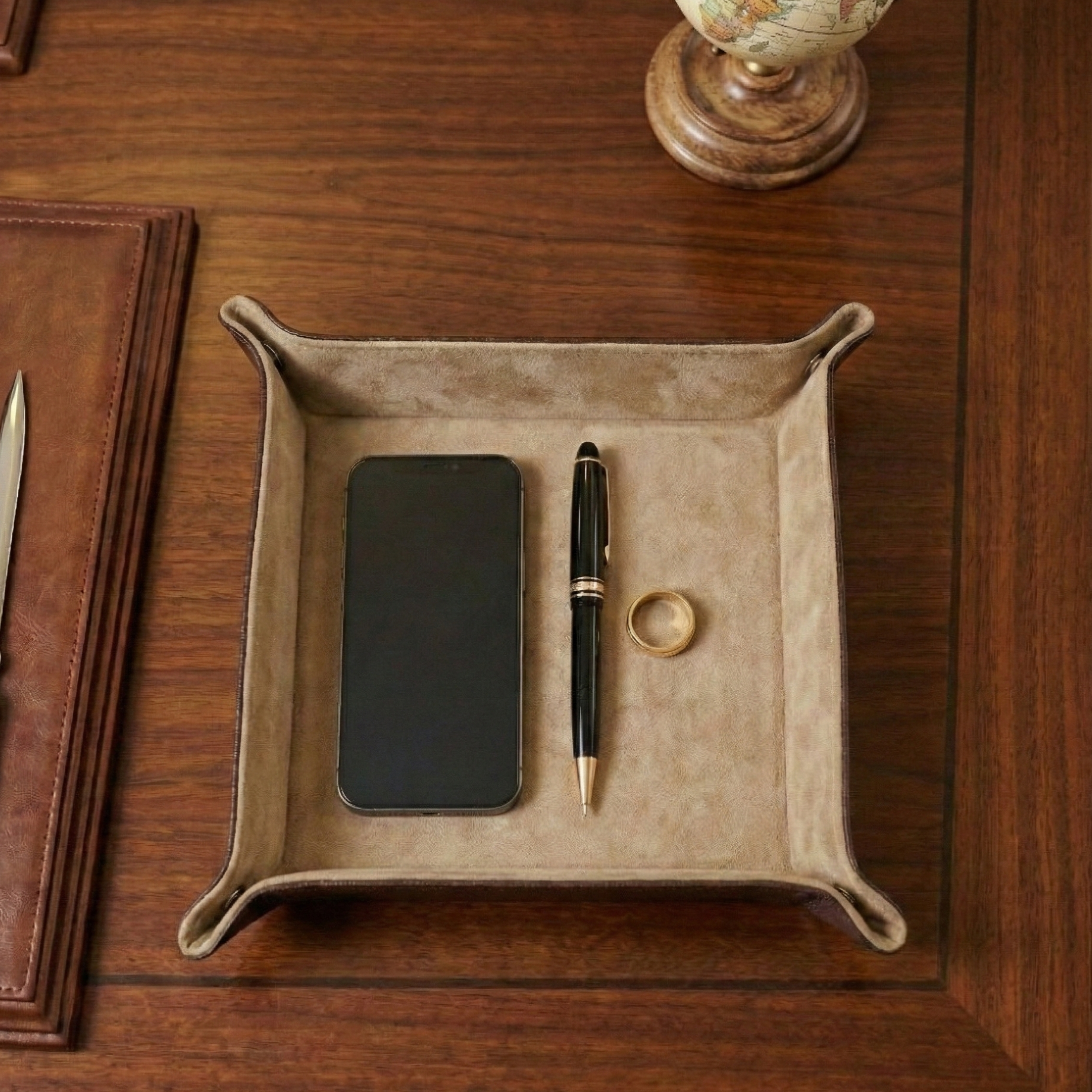 Gerçek deri kahve renk içi oğlak süet masaüstü düzenleyici