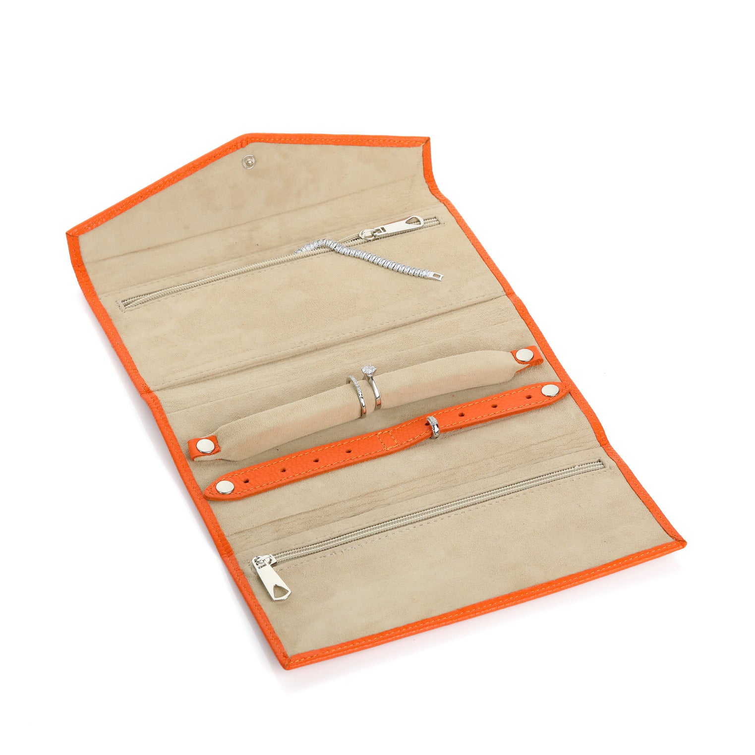 İçi ve dışı gerçek deri el yapımı oranj renk takı kutusu