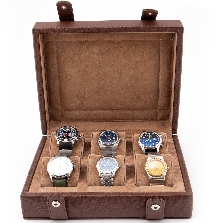 Pecker kahverengi renkli gerçek deri 6'lı Saat Kutusu