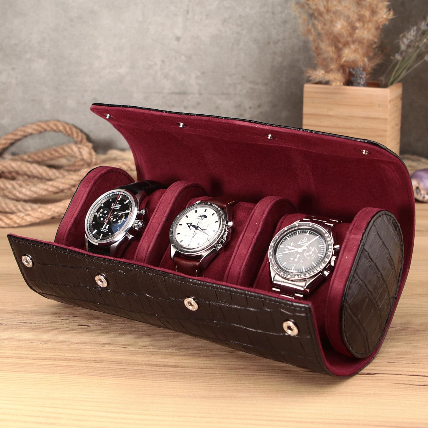 Dışı siyah renkli dana derisi içi oğlak süet premium saat taşıma çantası