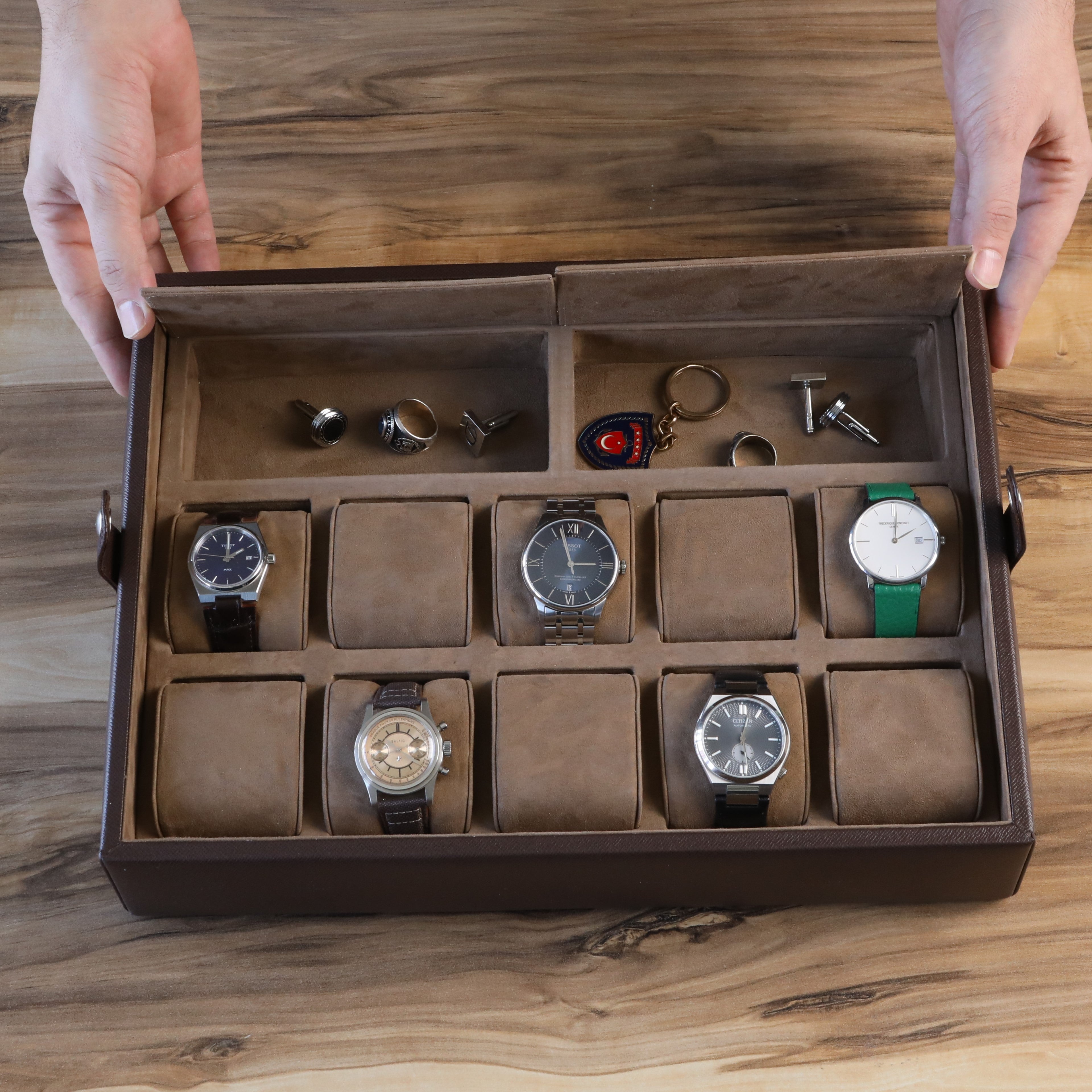 Gerçek deri el yapımı kahverengi renkli saat ve tesbih kutusu