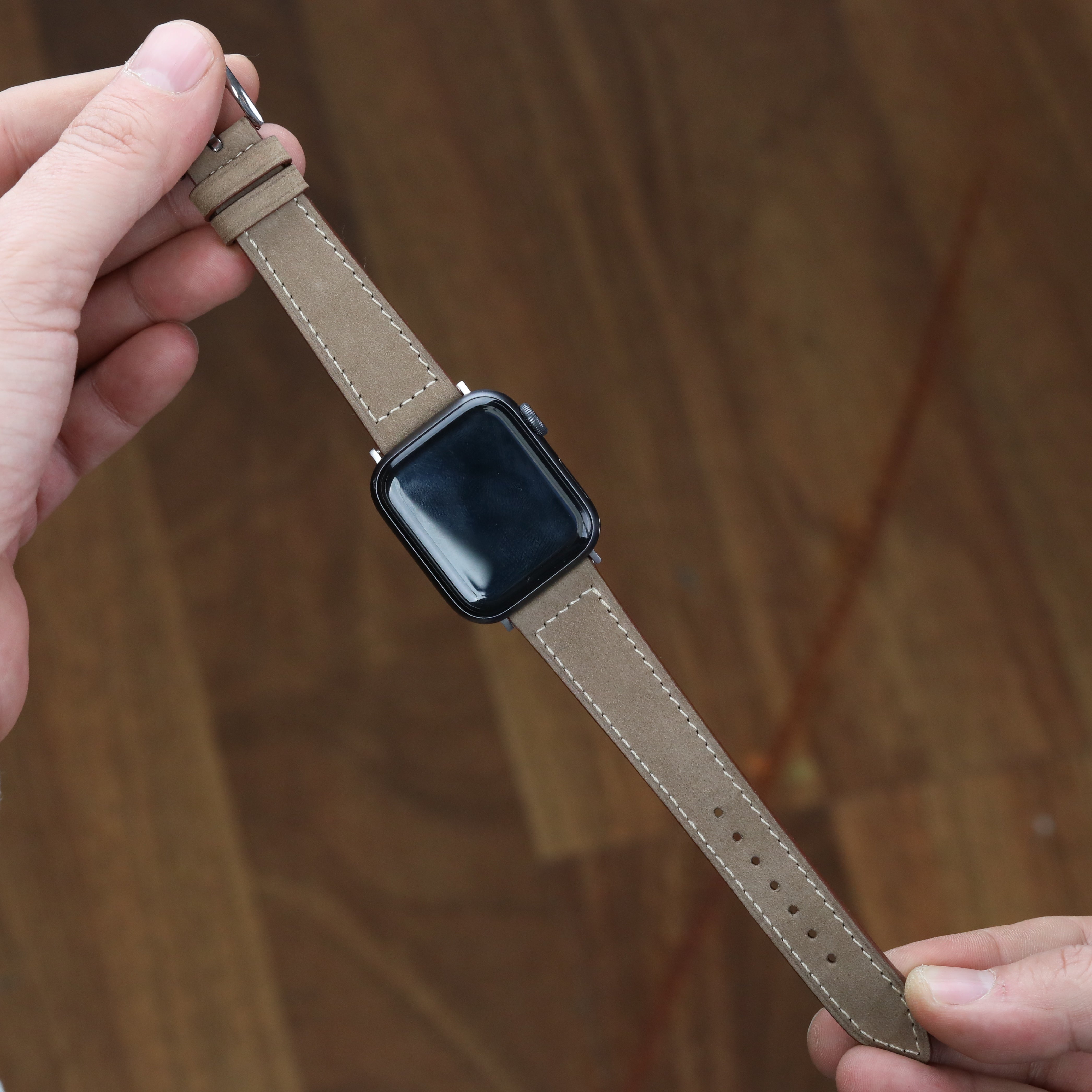 Kum renkli gerçek deri el yapımı antialerjik arka derili apple watch ile uyumlu deri kordon