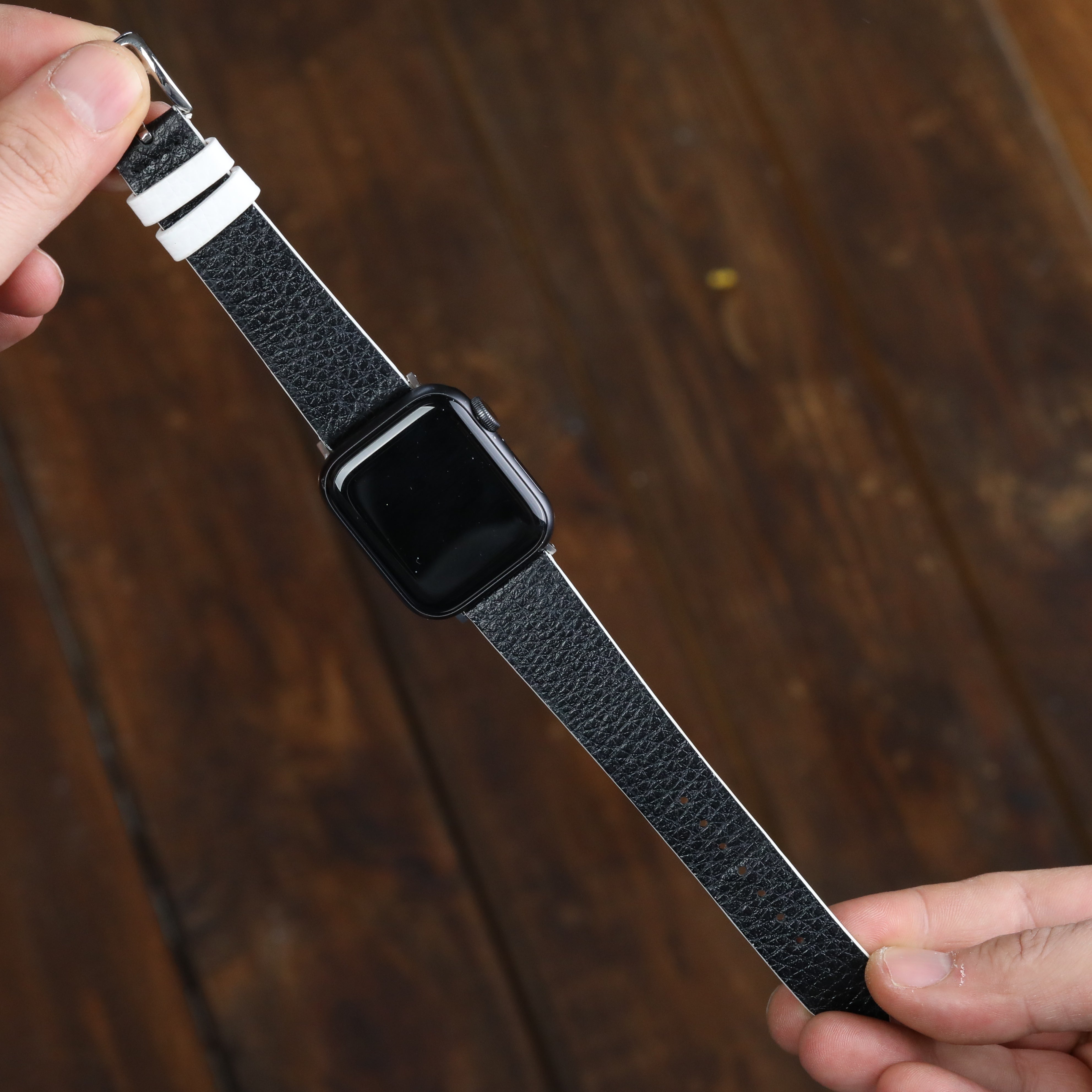 Gerçek deri el yapımı antialerjik arka derili siyah renk apple watch ile uyumlu kordon