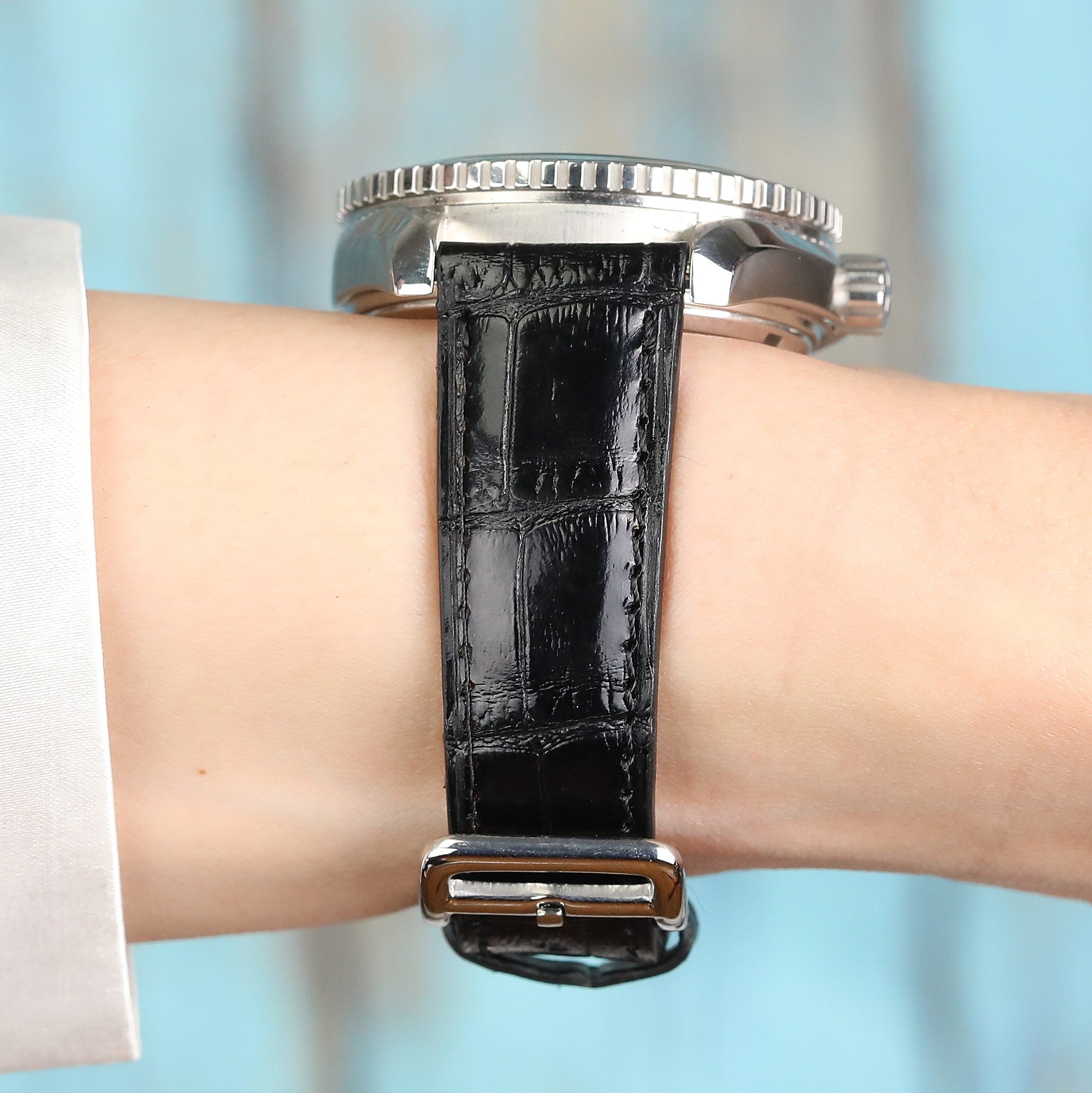 Gerçek dana derisi el yapımı siyah renkli baskılı saat kordonu