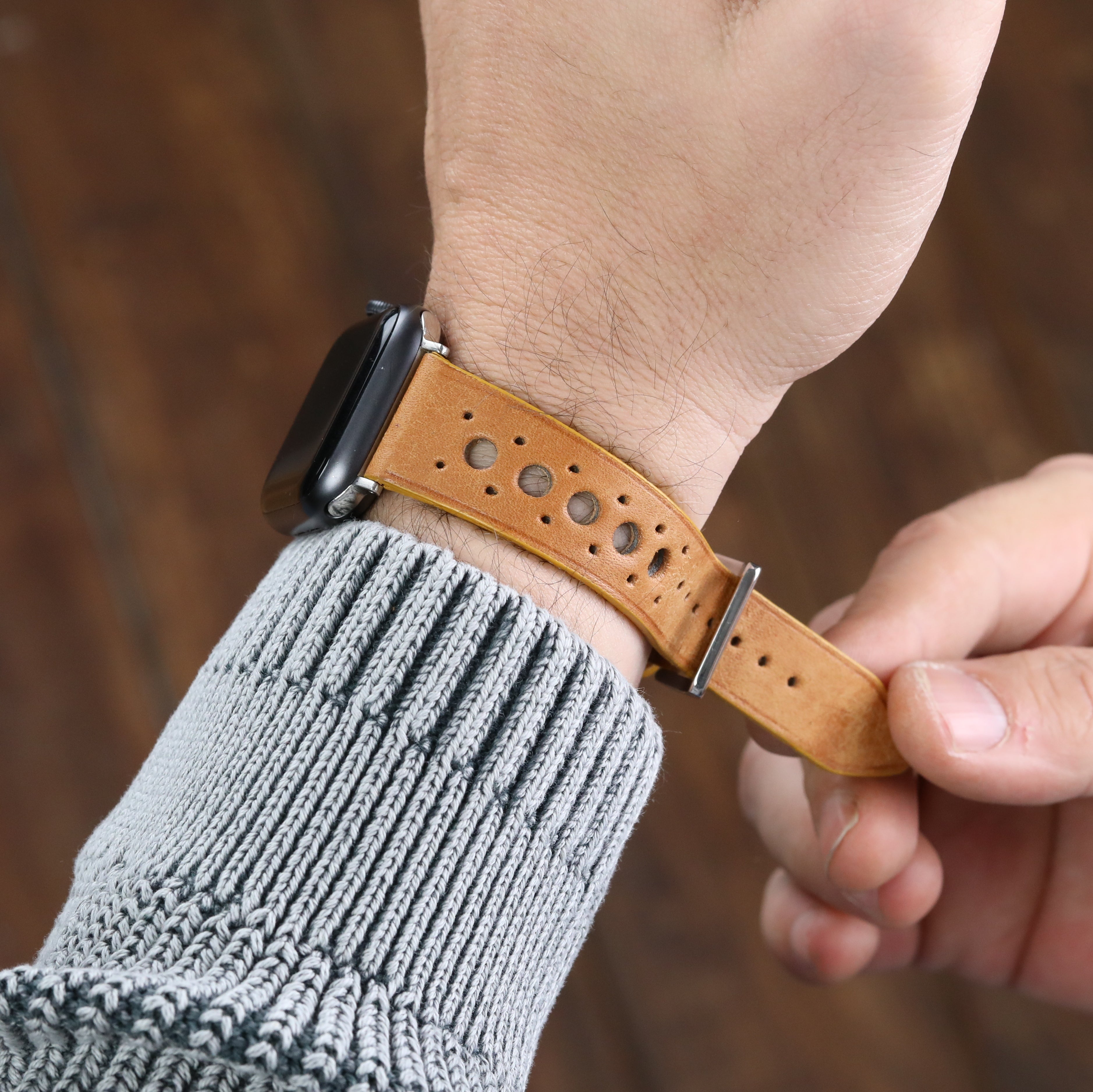 Taba renkli rally stil gerçek deri el yapımı antialerjik arka derili apple watch ultra ile uyumlu kordon