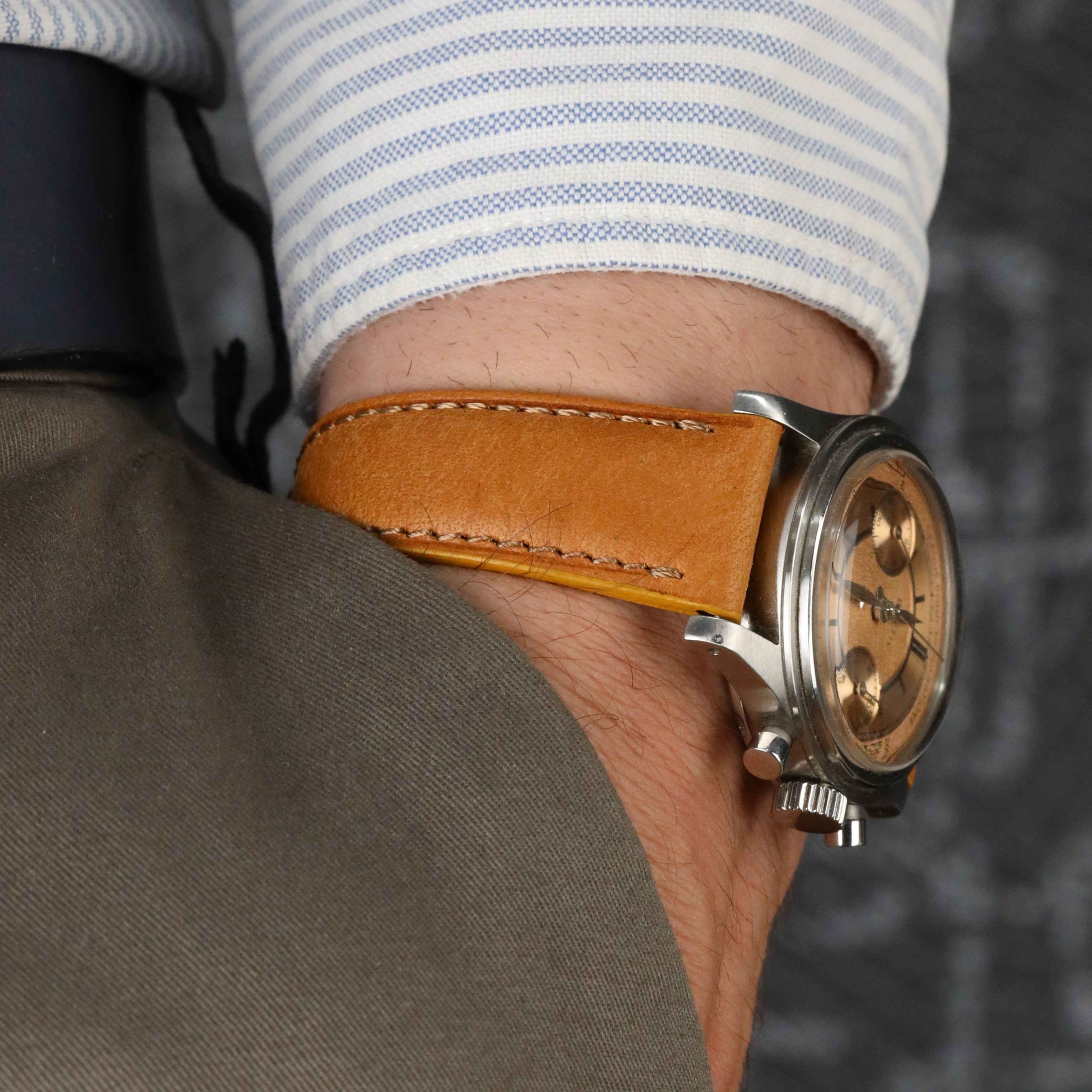 El yapımı taba renkli akıllı pimli dikişli deri saat kayışı