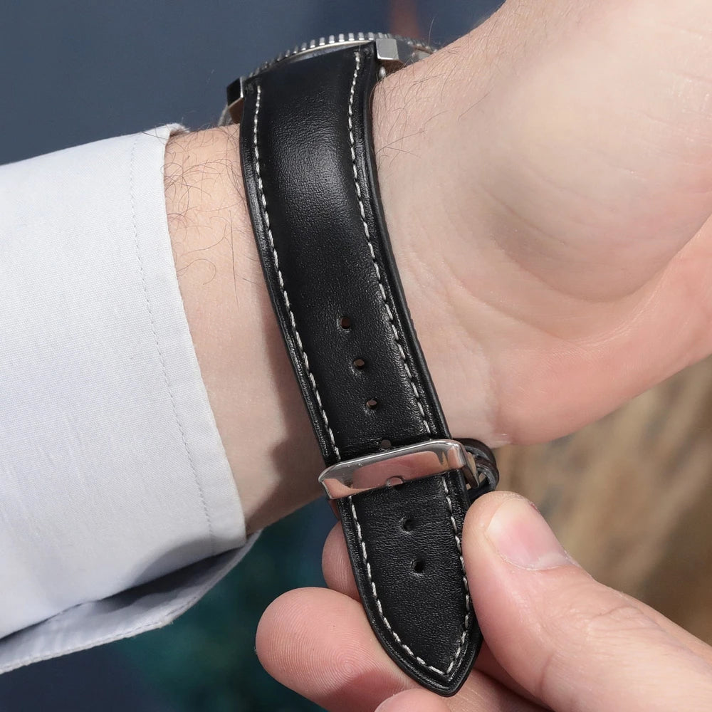 Alaturka Siyah Renk Beyaz Dikiş Deri Kordon - ONYWATCH
