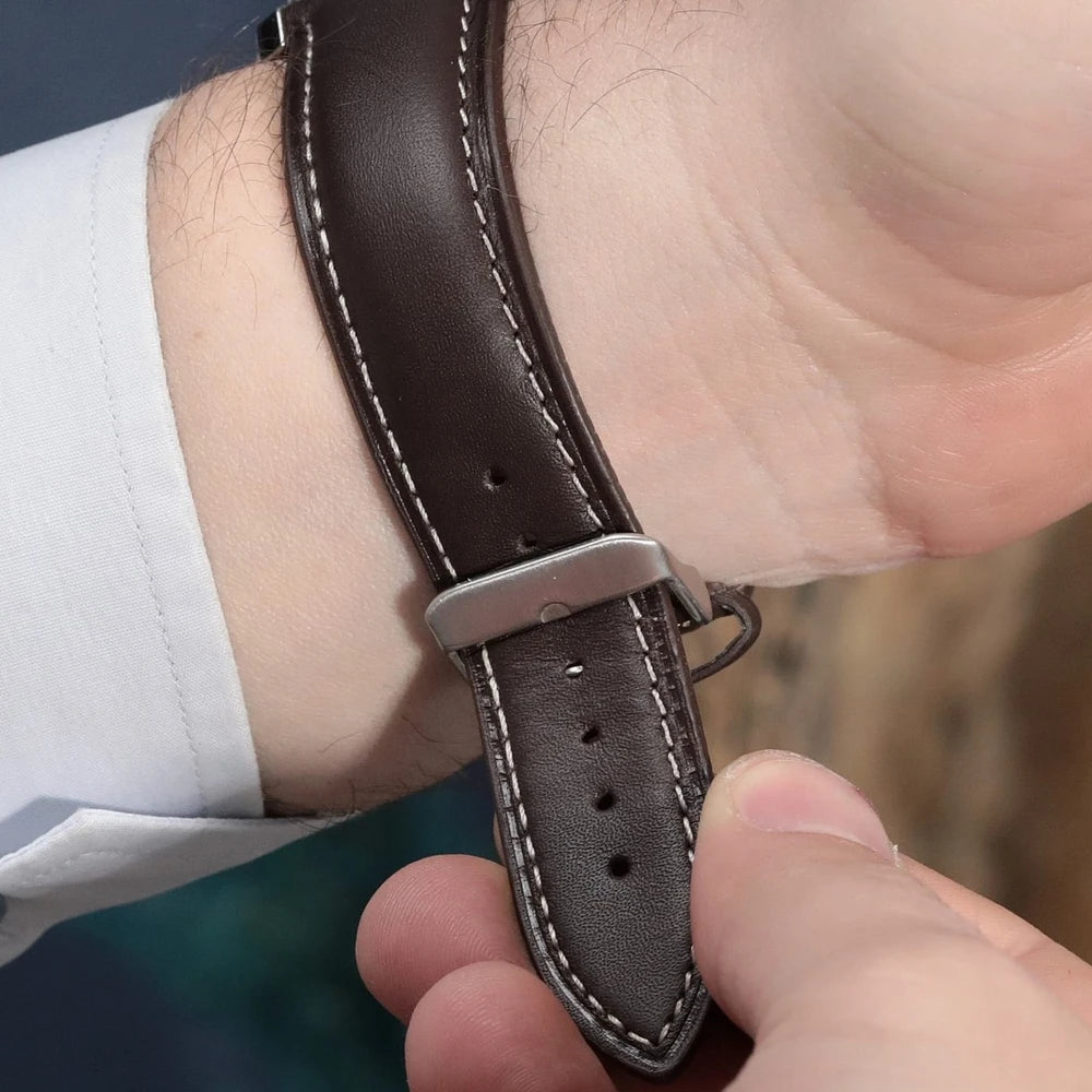 Apple Watch Deri Kordon - Kahve Beyaz Dikiş - ONYWATCH