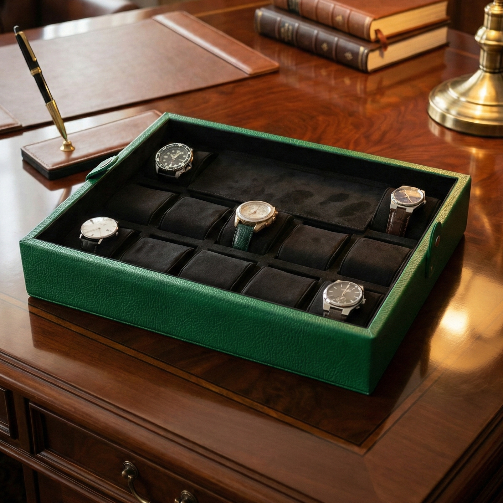 İç kısmı siyah renkli gerçek oğlak süet kaplı dışı yeşil renkli dana derisi 12'li saat kutusu
