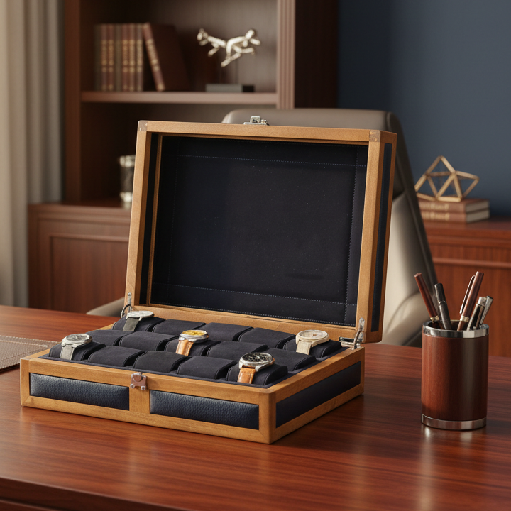 İçi lacivert renkli gerçek oğlak süet kaplı dışı ahşap 10'lu saat kutusu