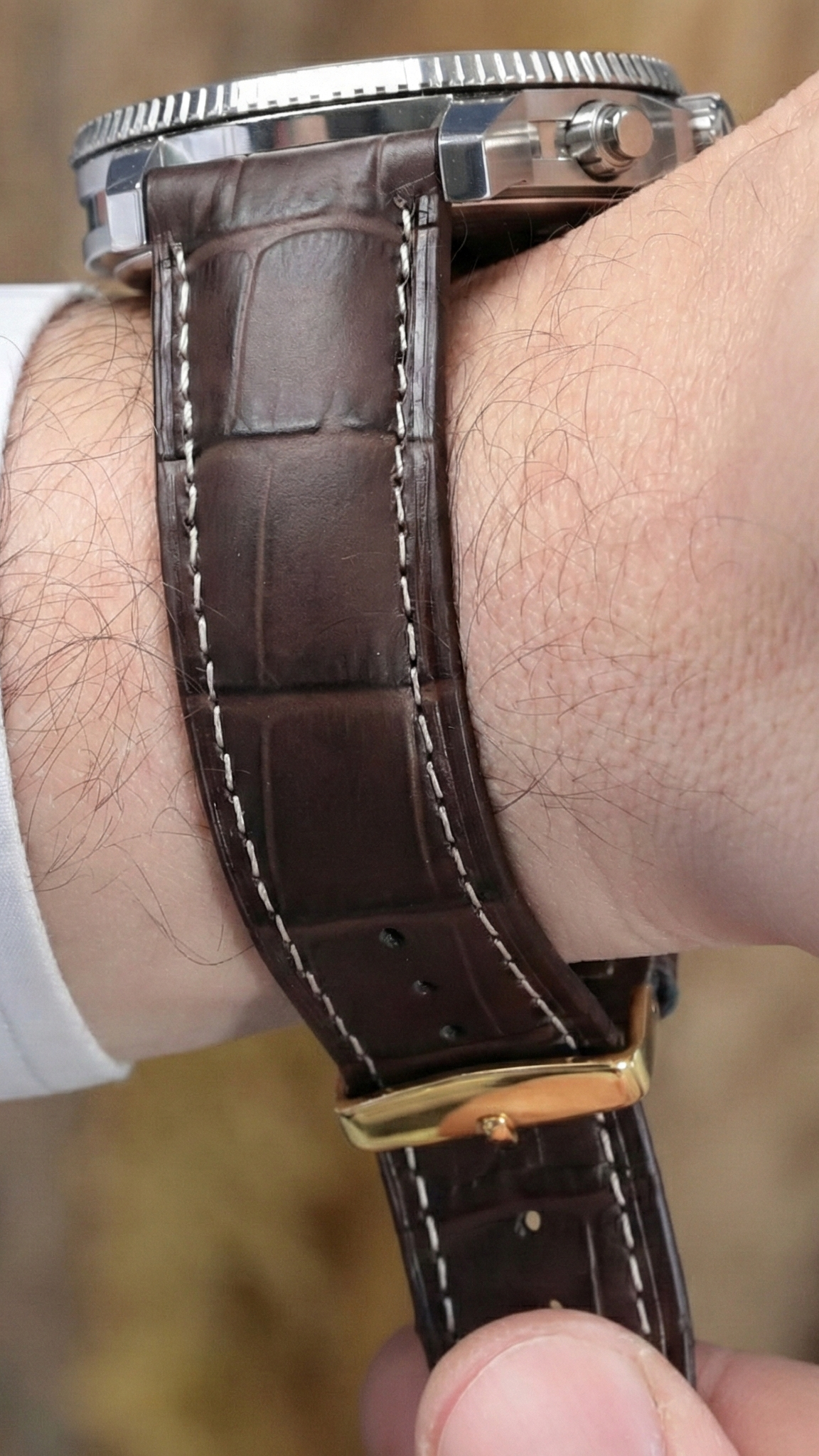 Gold Tokalı Alaturka Kahve Kroko Baskılı Beyaz Dikişli Deri Kordon