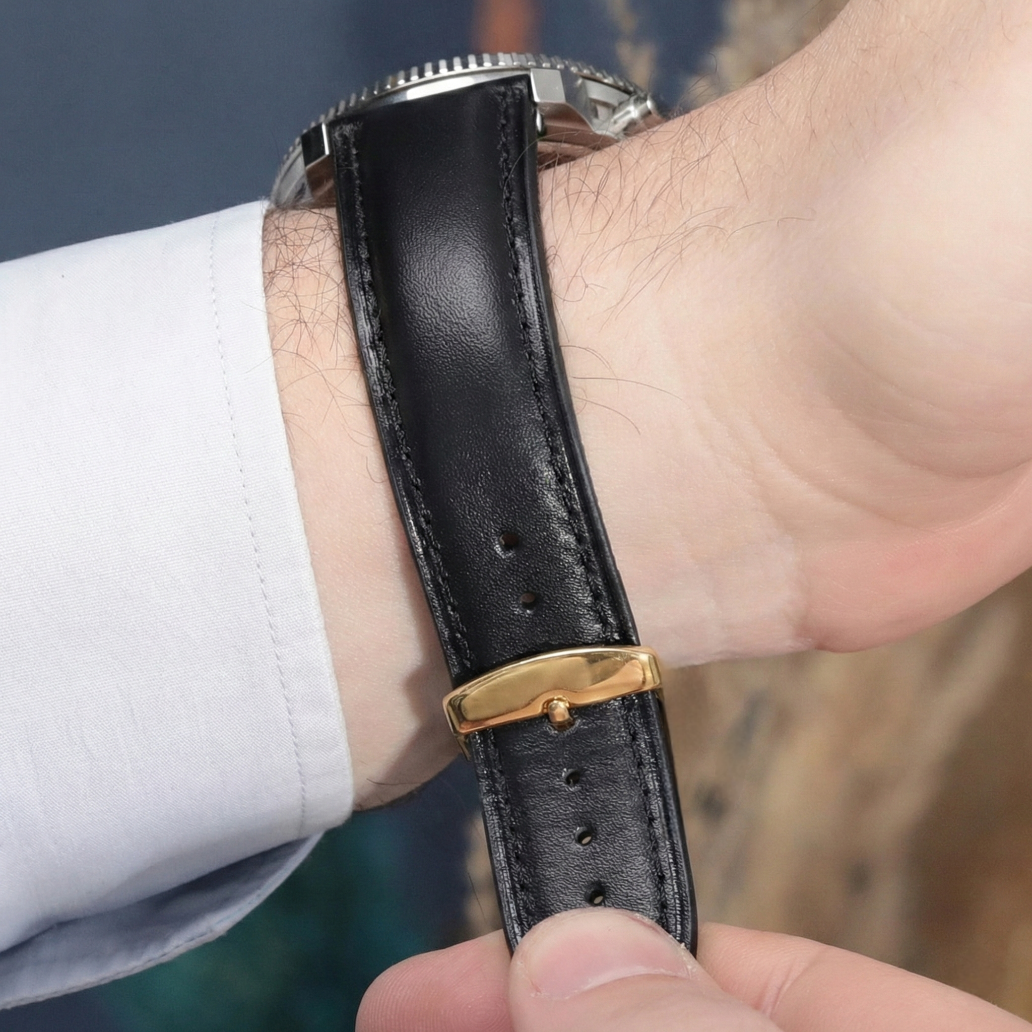 Gold Tokalı Alaturka Siyah Deri Kordon