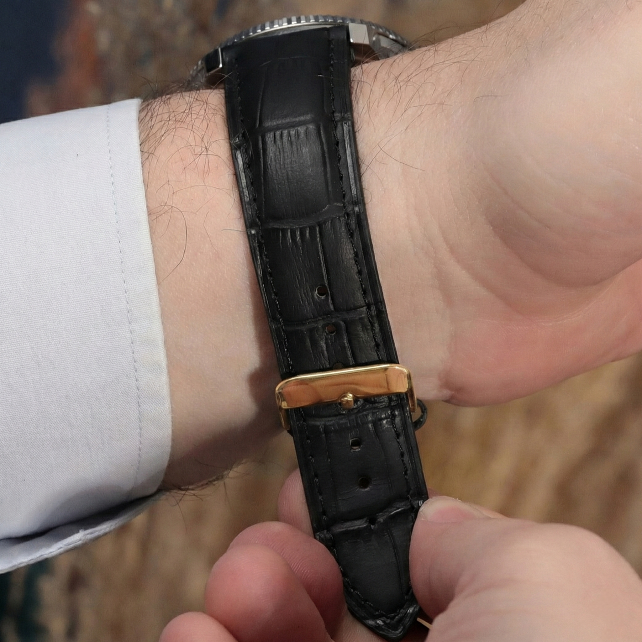 Gold Tokalı Alaturka Siyah Kroko Baskılı Deri Kordon