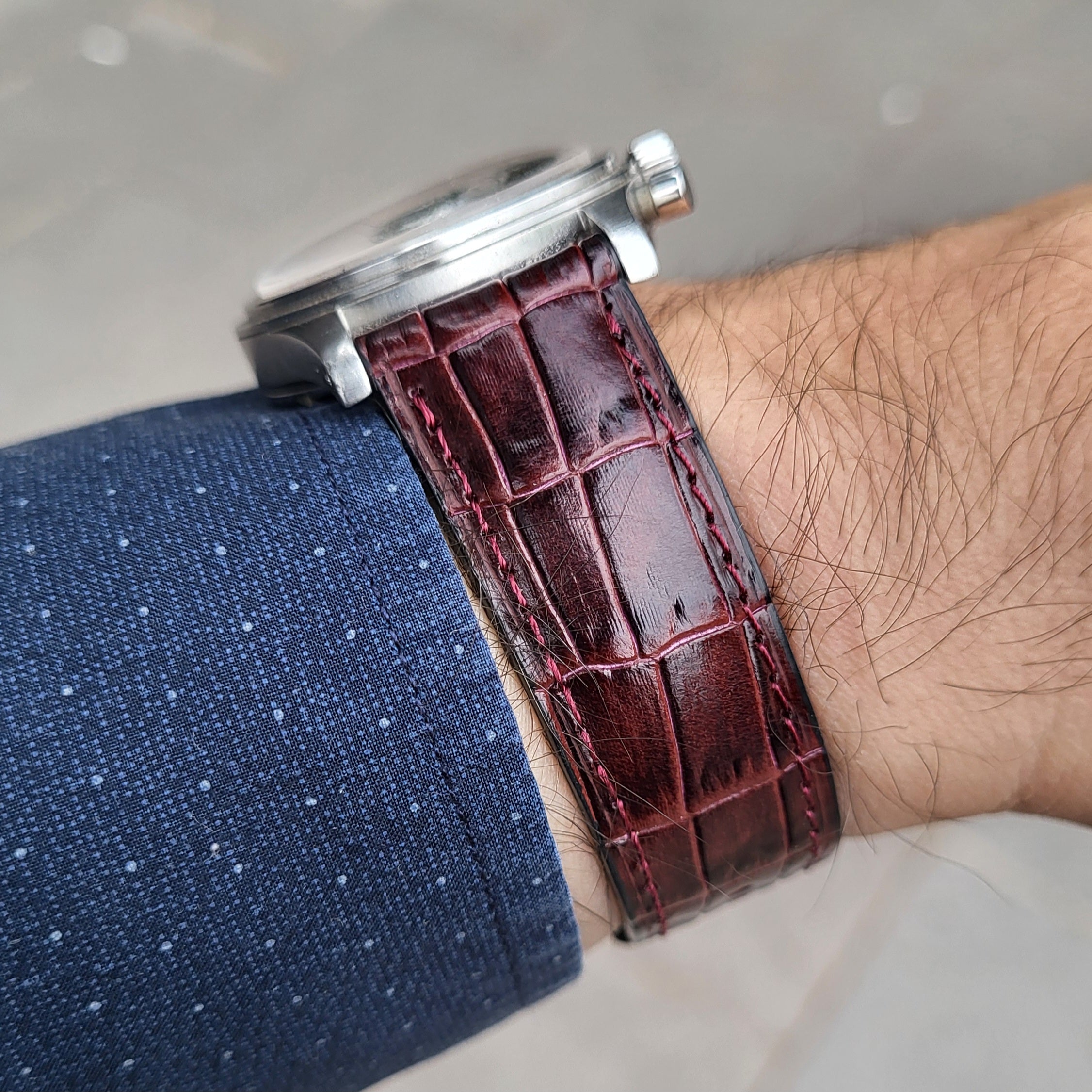 Bordo Kroko Baskılı Deri Kordon