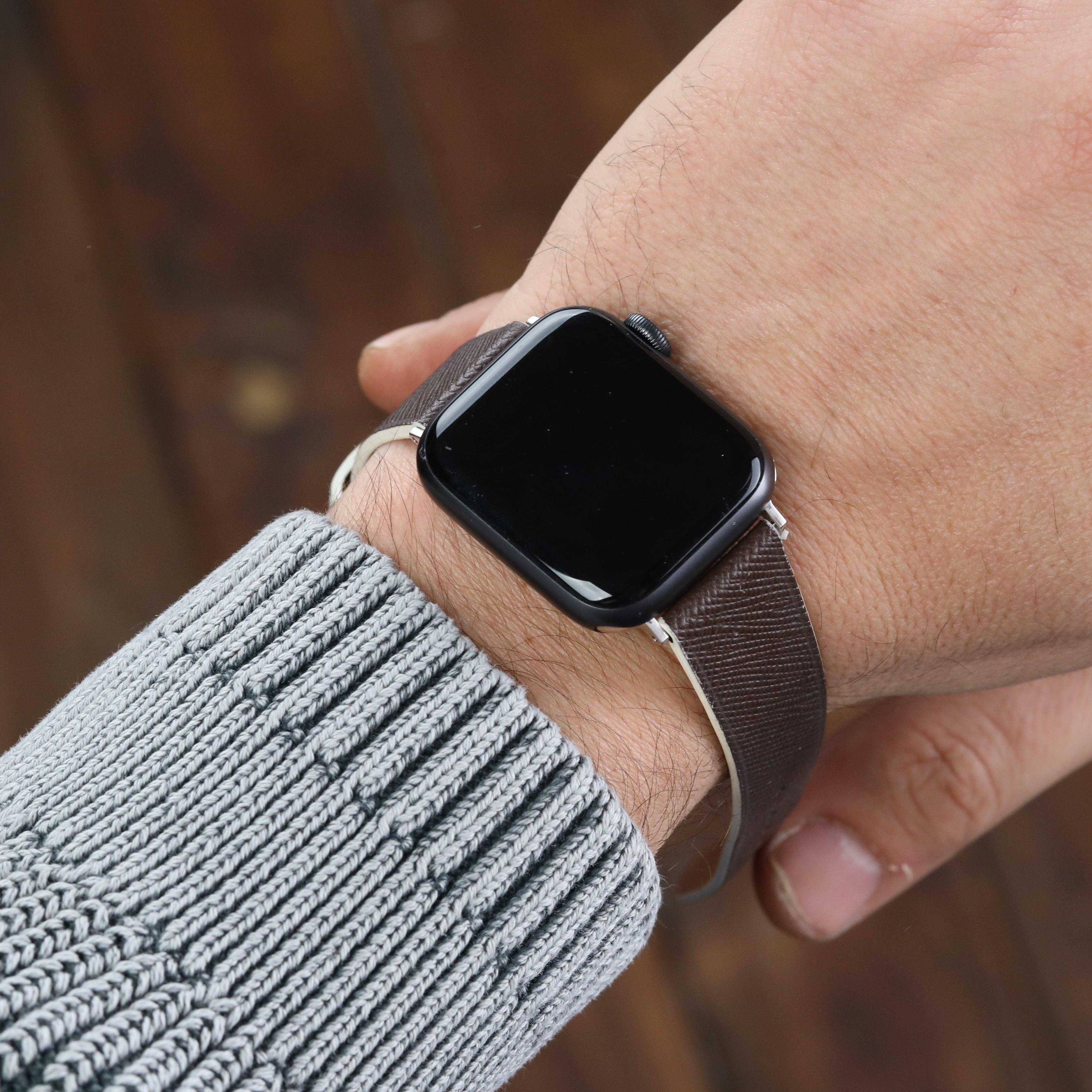 Apple Watch Deri Kordon - Saffiano Kahverengi Beyaz