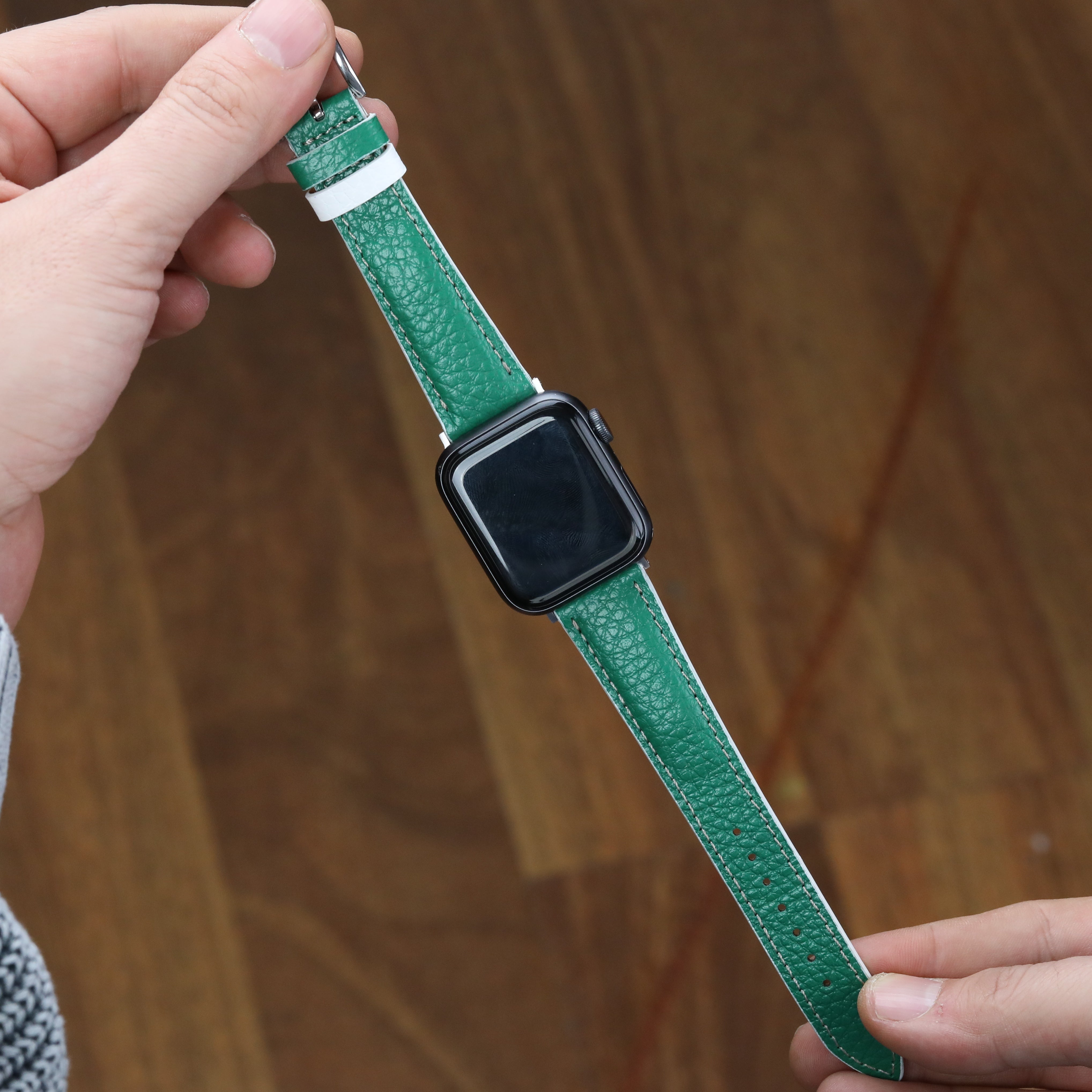 Apple Watch Kayış - Togo Yeşil Beyaz