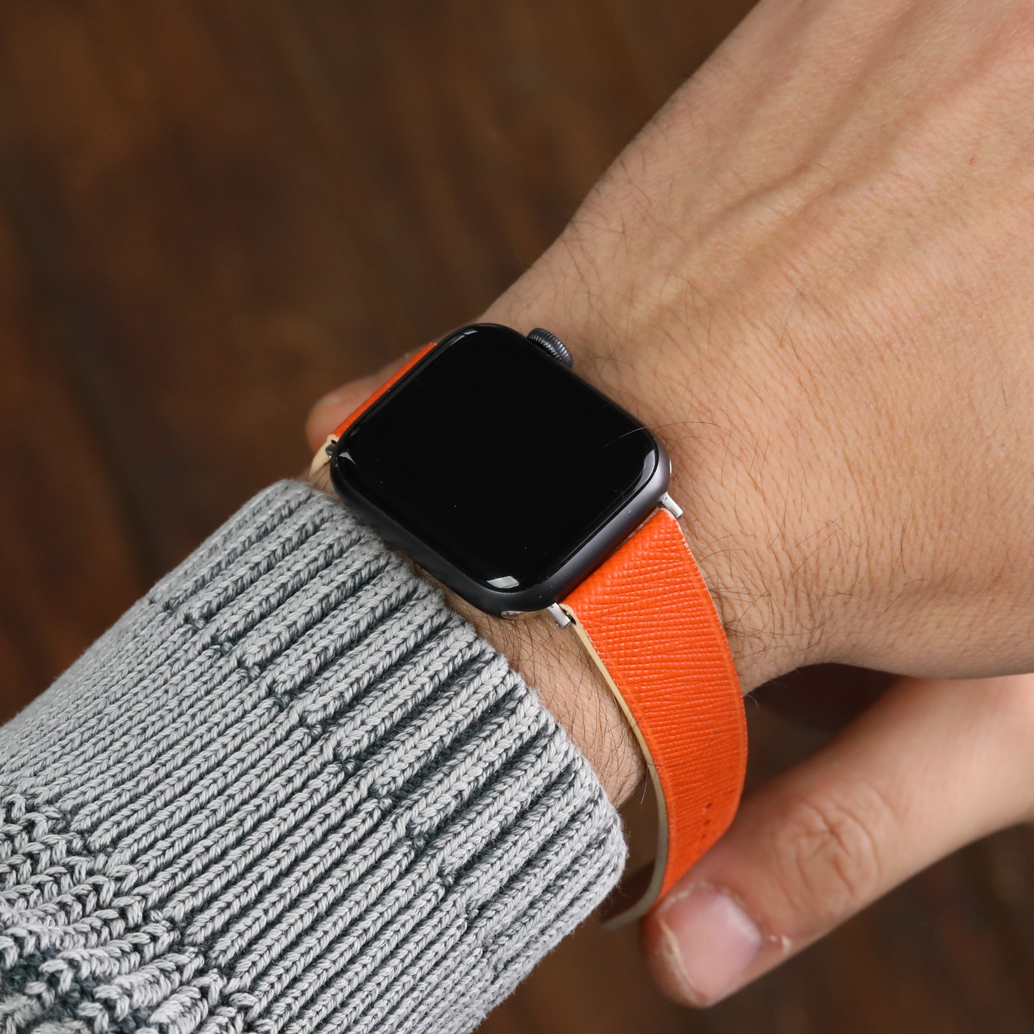 Apple Watch Deri Kordon - Saffiano Turuncu Beyaz