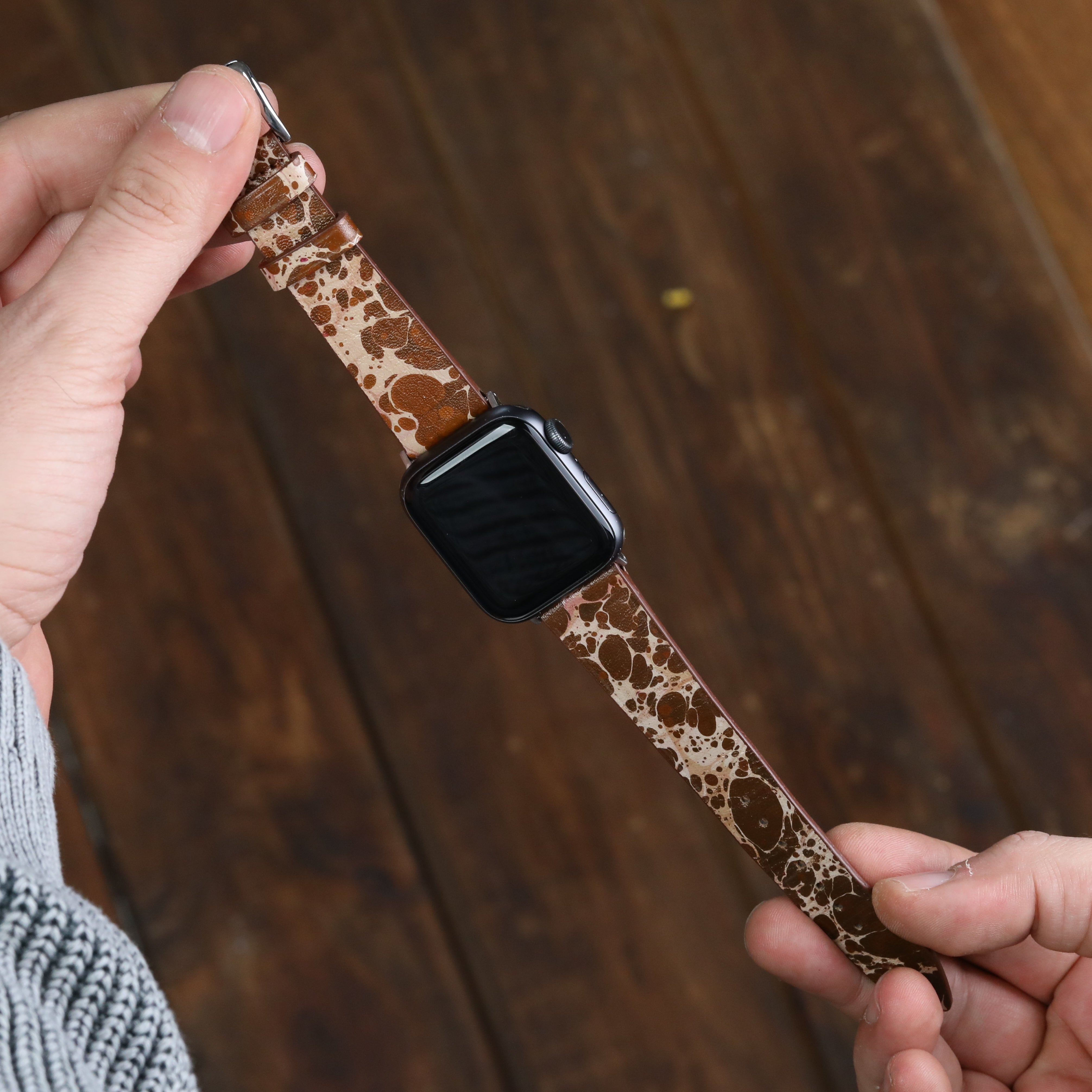 Apple Watch Deri Kordon -  Ebru Boyama Kahverengi