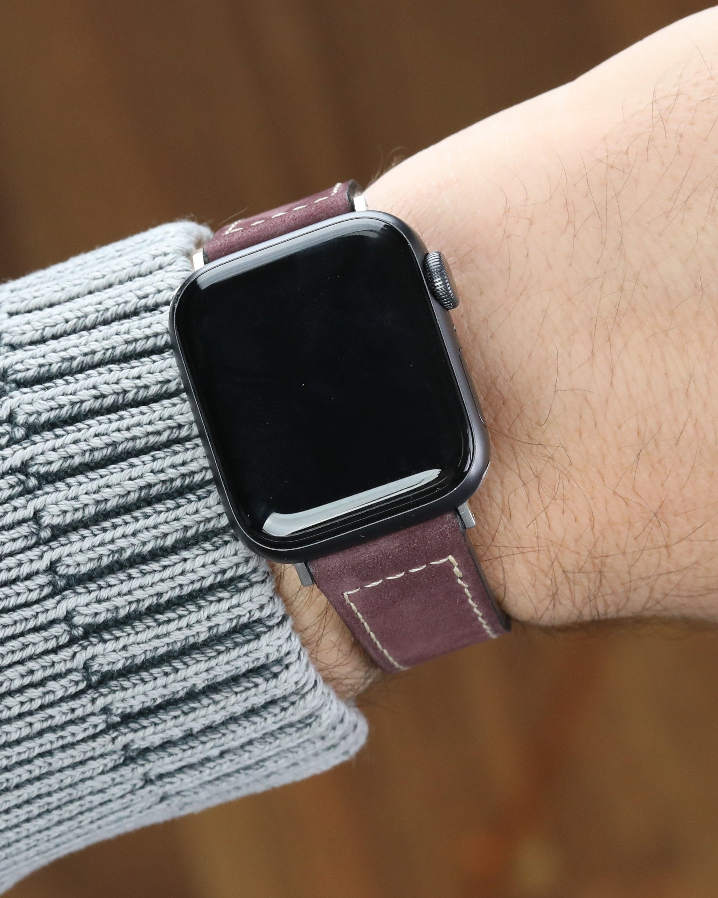 Bordo renkli gerçek deri el yapımı antialerjik arka derili apple watch 44 mm ile uyumlu kordon